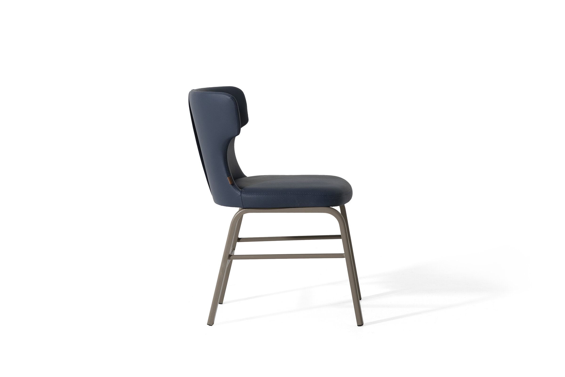 Stylish blue upholstered dining or office chair with a sleek metal frame, ideal for modern furniture interiors and comfortable seating solutions.