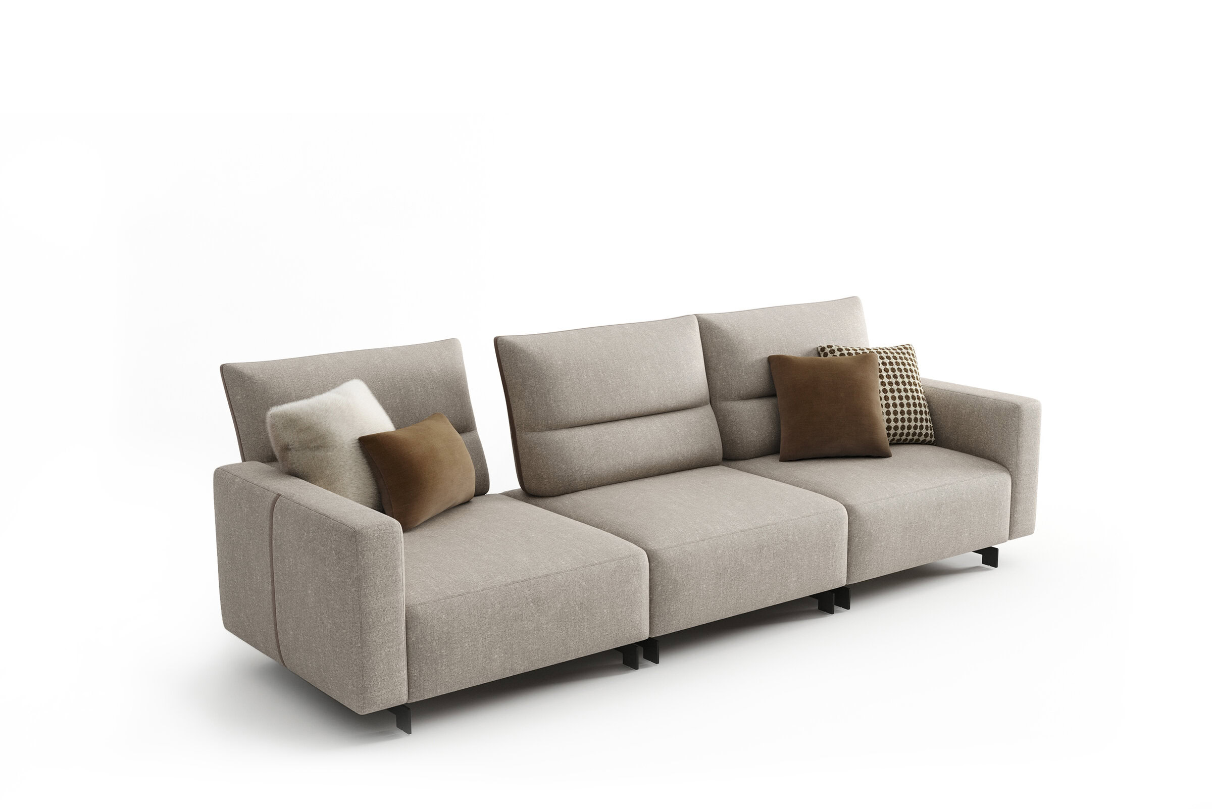 Elegant beige fabric sofa with plush cushions, ideal for contemporary living rooms, offering comfort and style. Perfect for modern home decor and relaxation.