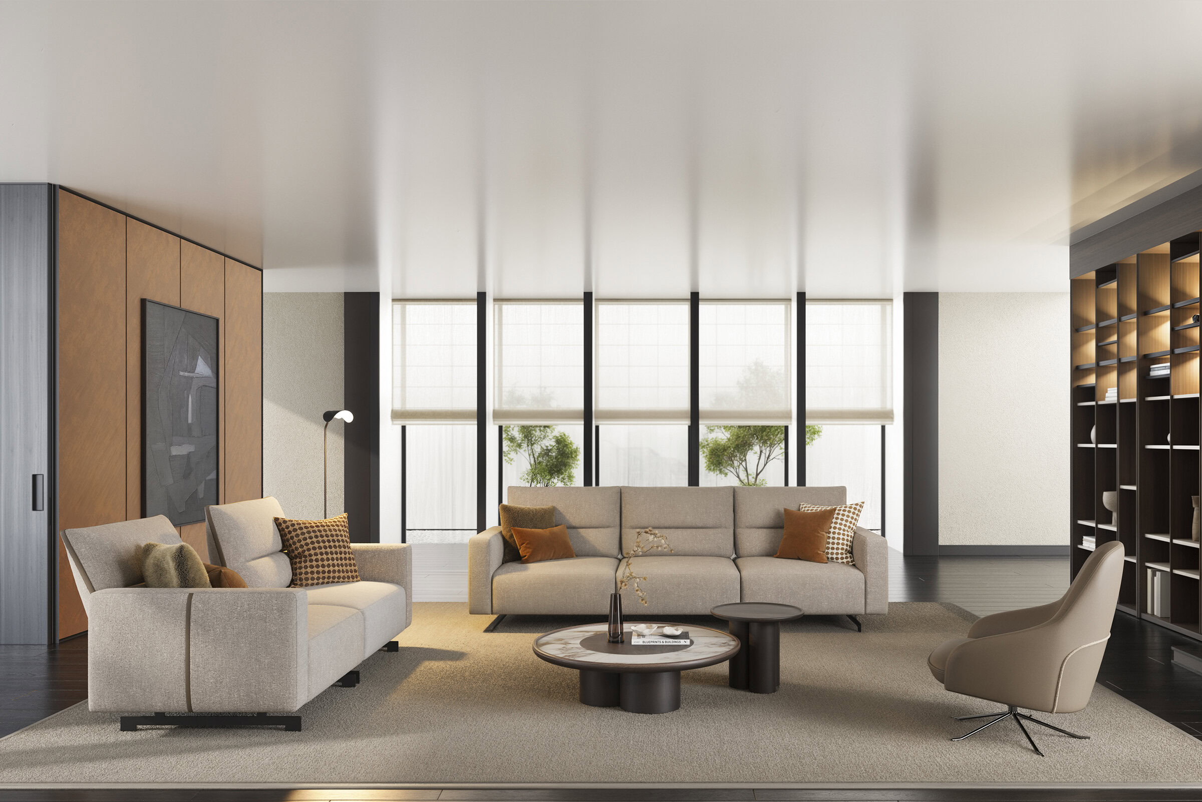Luxurious beige sofas with accent pillows, contemporary coffee tables, and a wooden bookshelf create an inviting and stylish living space bathed in natural sunlight.