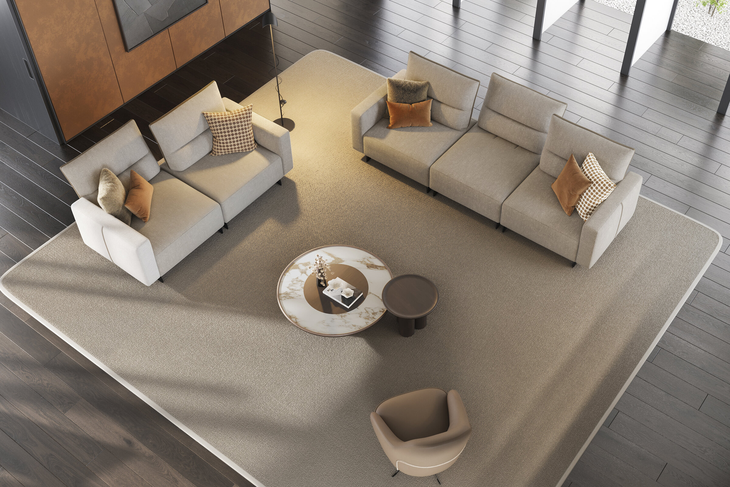 Luxurious sectional sofa with plush cushions and throw pillows, perfect for contemporary living spaces, showcasing high-quality upholstery from Saloni Furniture.