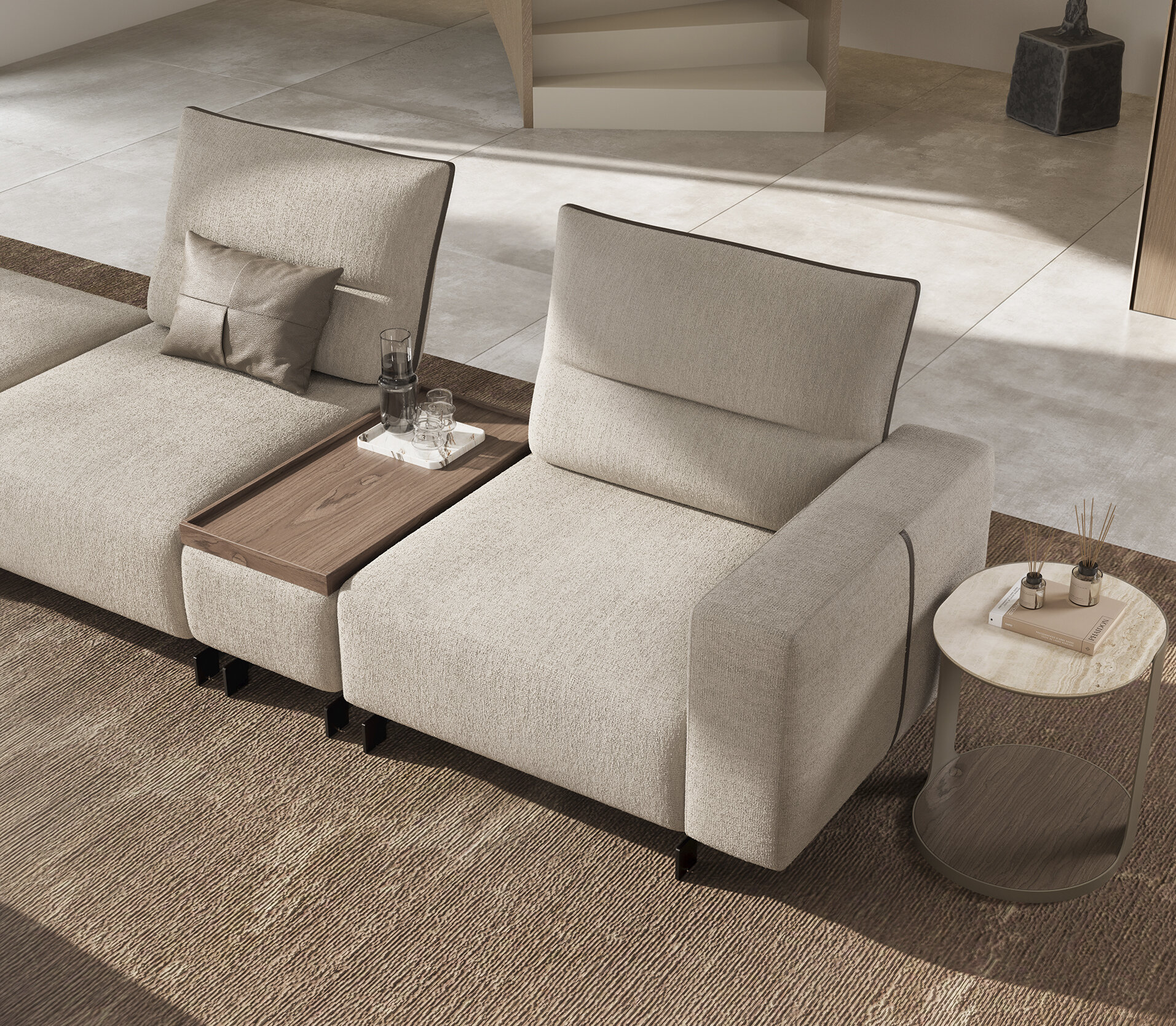 Elegant modern sofa set with beige upholstery, featuring a wooden side table and cozy cushions, perfect for contemporary living rooms.