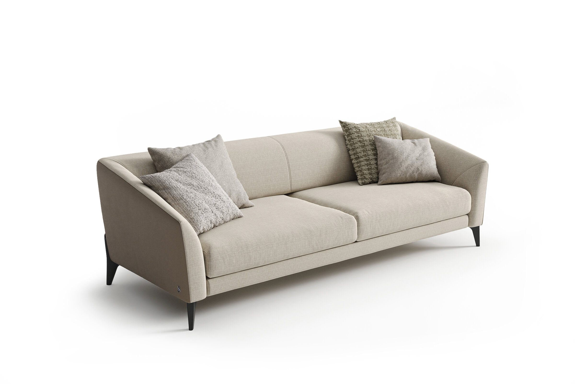 Elegant beige fabric sofa with four decorative cushions, ideal for contemporary living rooms, offering comfort and style.