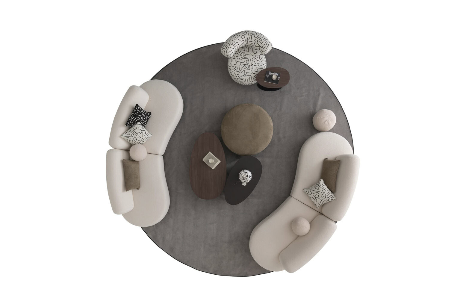 Contemporary sectional sofa with plush cushions and stylish pillows arranged around a modern coffee table on a round rug. Perfect for modern living rooms and stylish home decor.