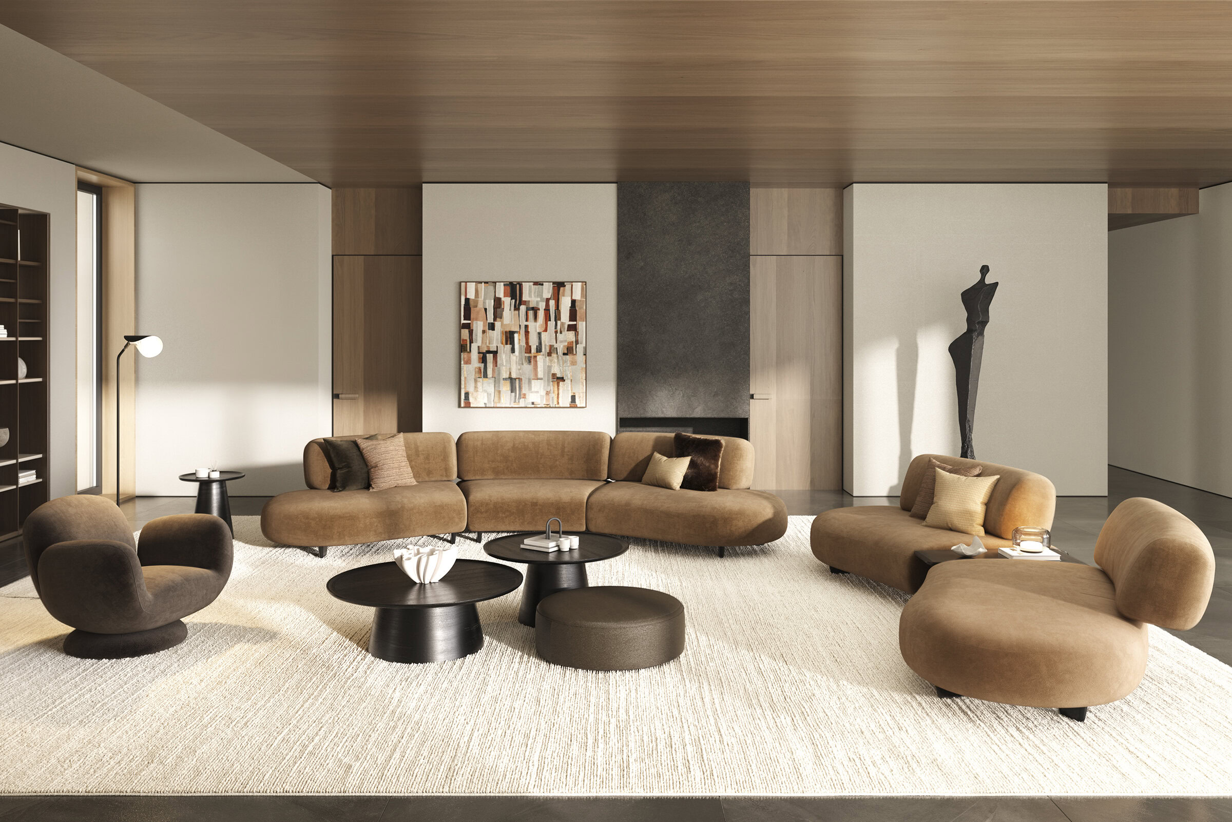 Contemporary living room with modern modular sofas, plush chairs, black coffee tables, and stylish decor, showcasing high-quality furniture from Saloni Furniture in a warm, elegant setting.