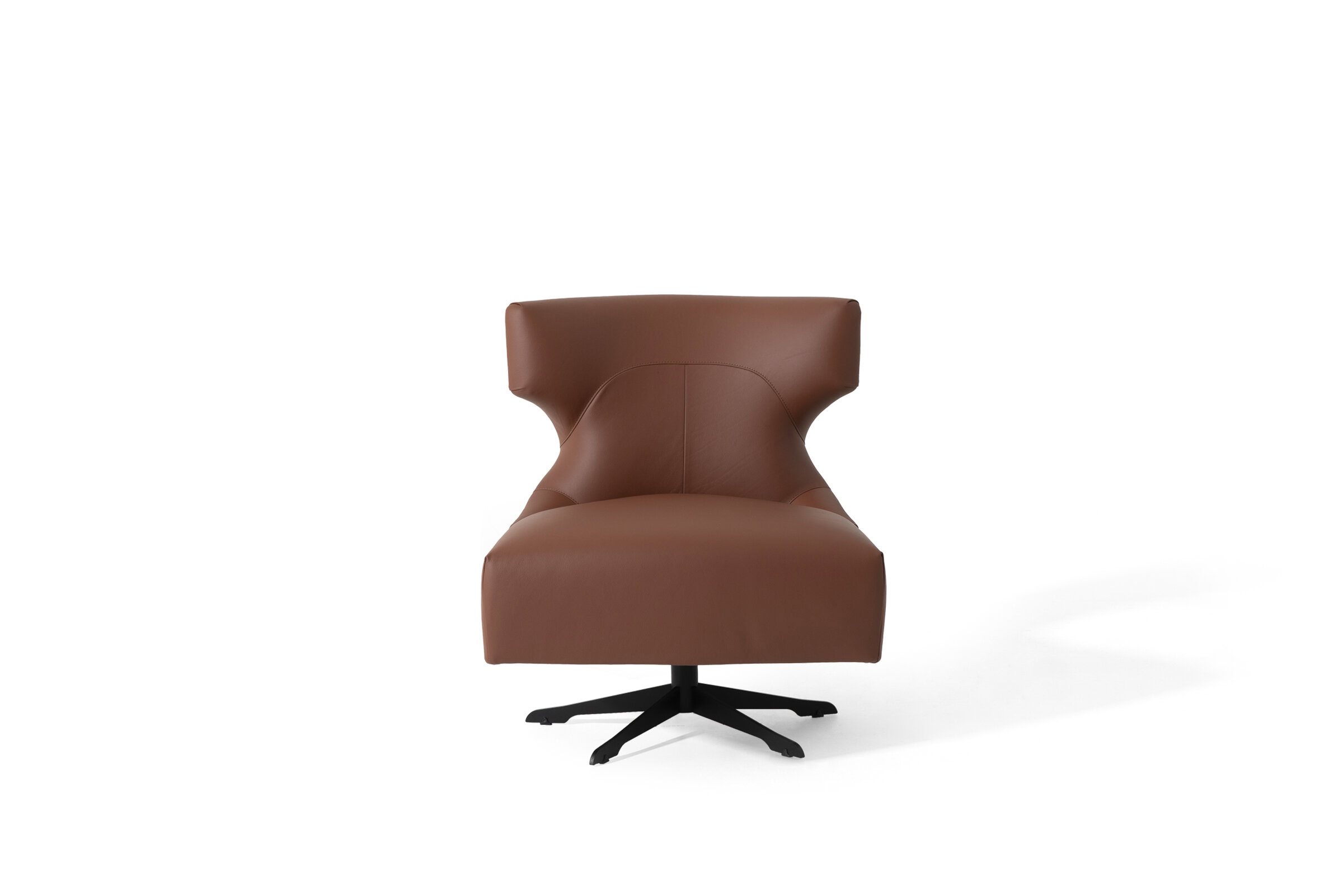 Luxurious brown leather lounge chair with modern design, comfortable backrest, and swivel base, perfect for contemporary living room or office furniture.