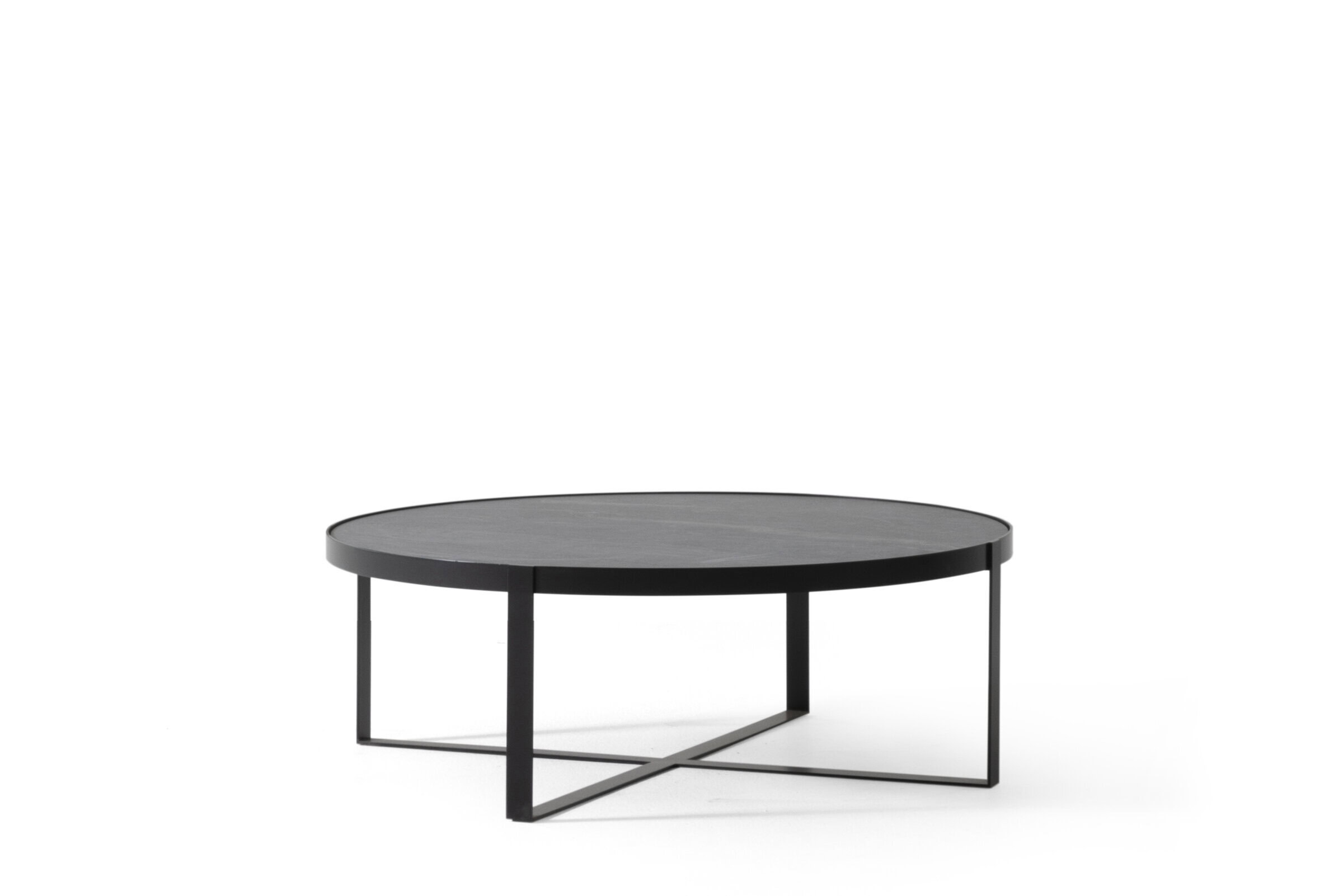 Sleek black modern coffee table with metal frame and round top, perfect for contemporary living rooms and home decor.