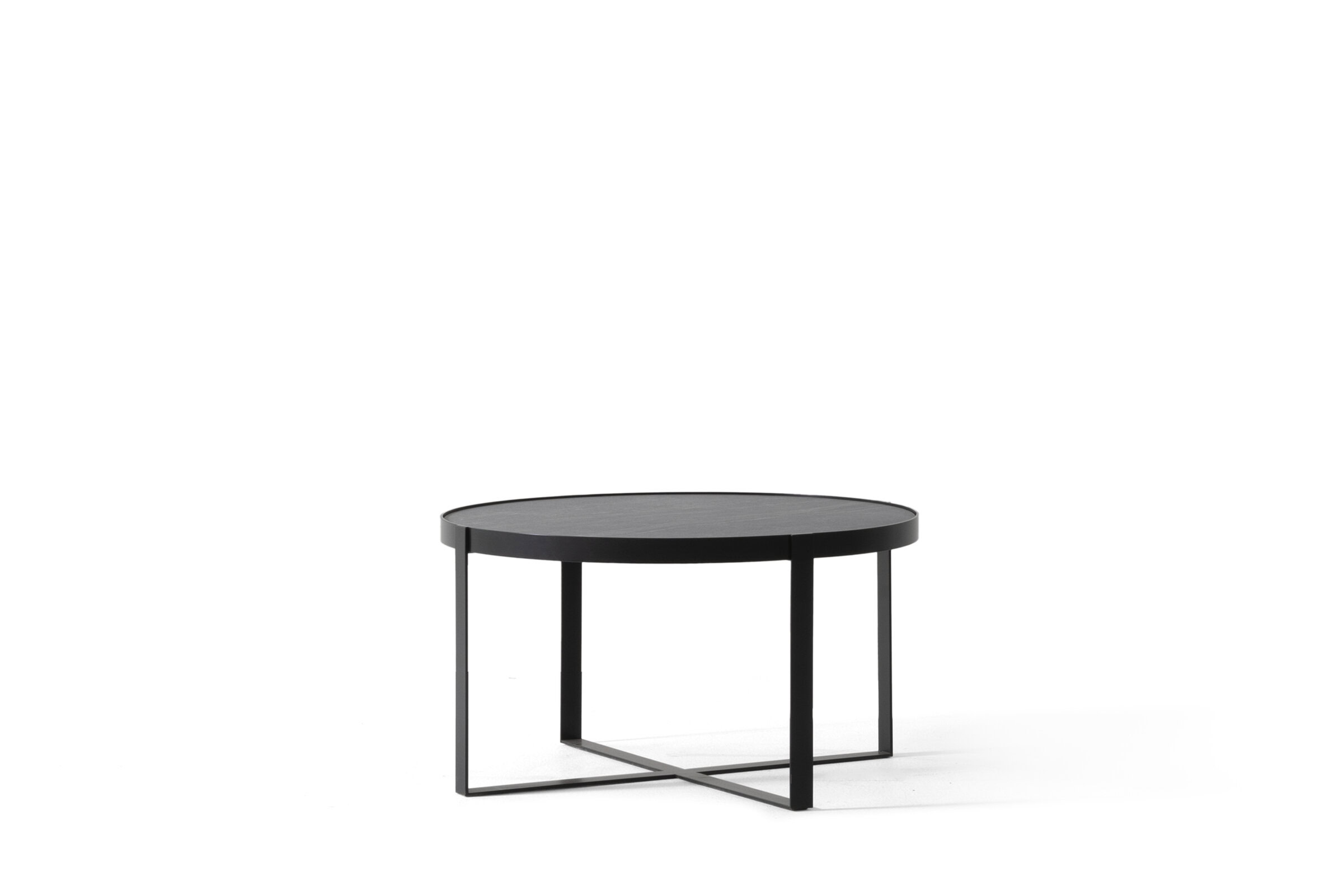 Sleek black modern coffee table with minimalist metal frame design, perfect for contemporary living room decor.
