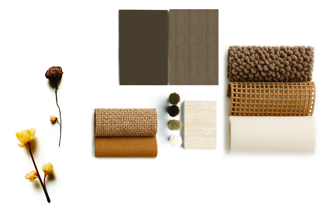 Collection of fabric, wood, and textured materials for modern furniture design, showcasing upholstery, wood finishes, and decorative textiles for stylish home interiors.