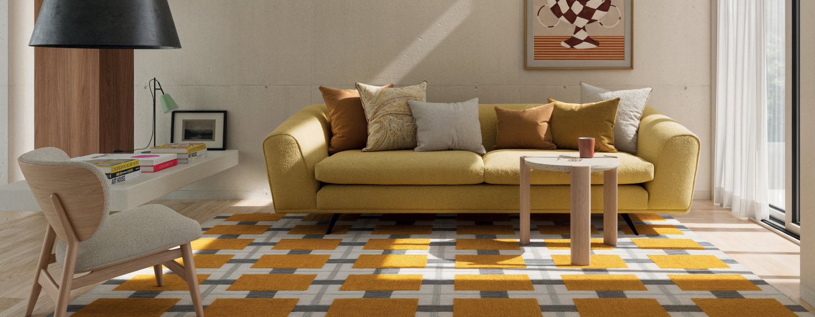 Stylish yellow sofa with cushions in a contemporary living room featuring natural light, a patterned rug, and minimalist decor for a cozy and modern ambiance.