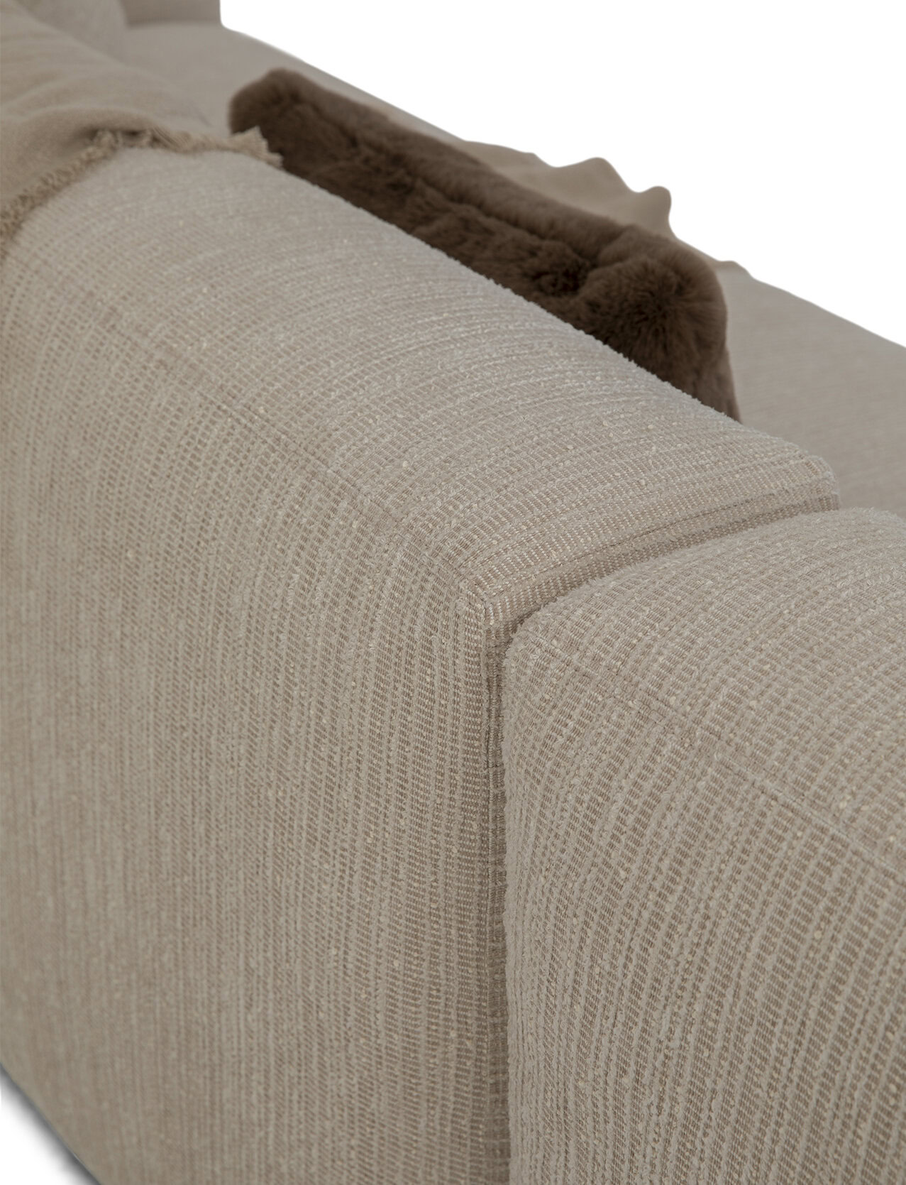 Upholstered beige sofa with textured fabric, perfect for contemporary living room decor.