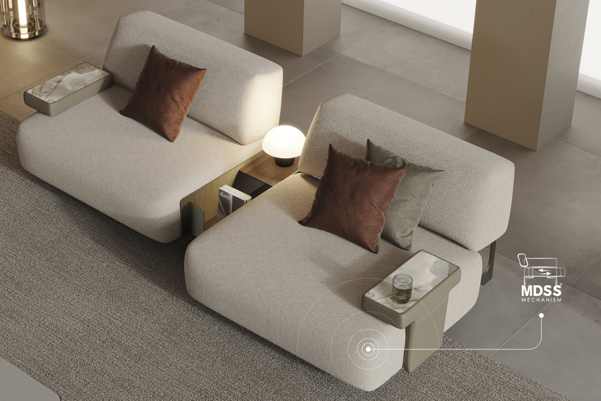 Contemporary modular beige sofa with built-in side tables and plush cushions, perfect for modern living rooms. Features integrated MDSS mechanism for enhanced comfort and functionality.