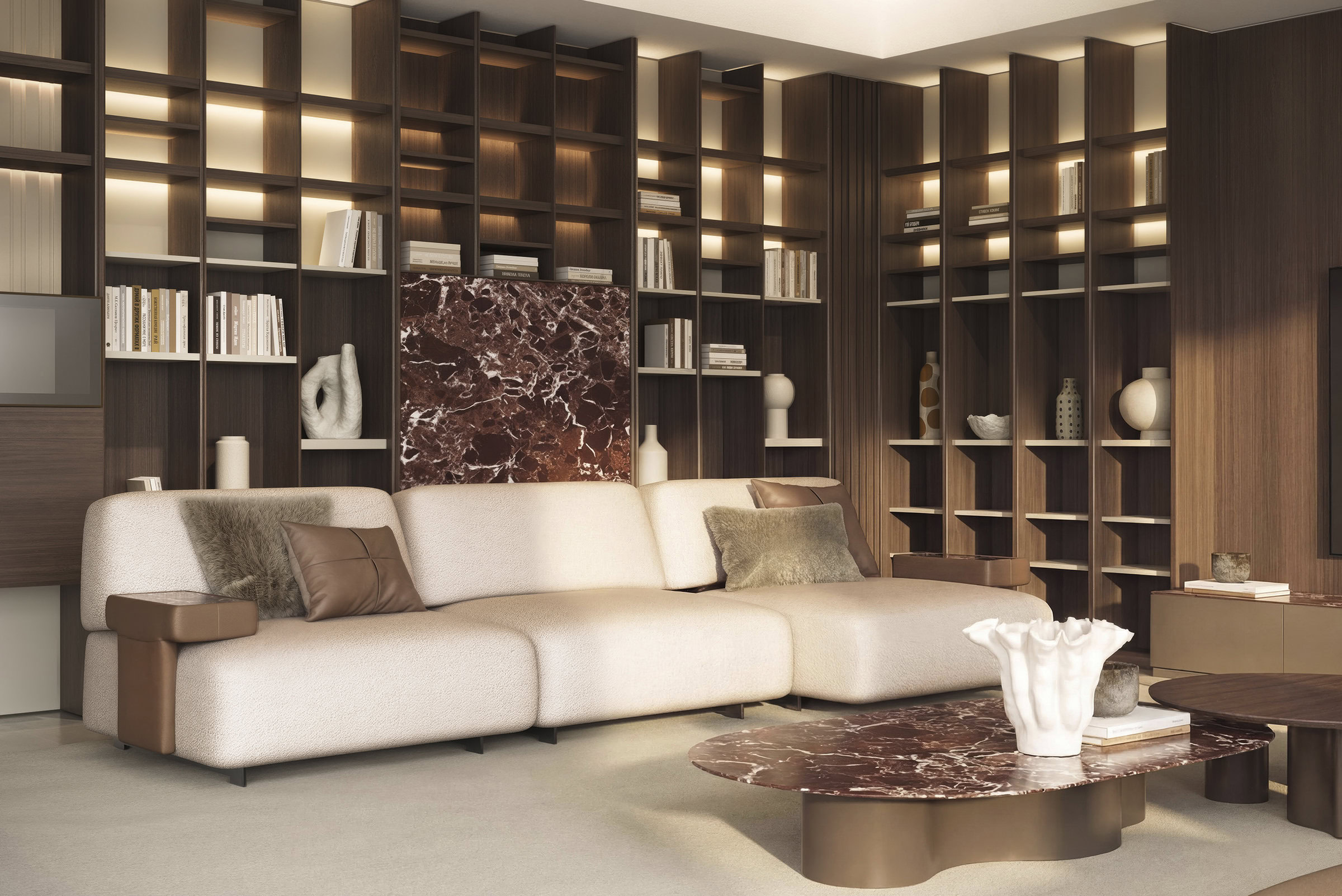 Elegant modern living room featuring a large beige sofa, wooden shelving units, and marble accents, perfect for contemporary home decor.