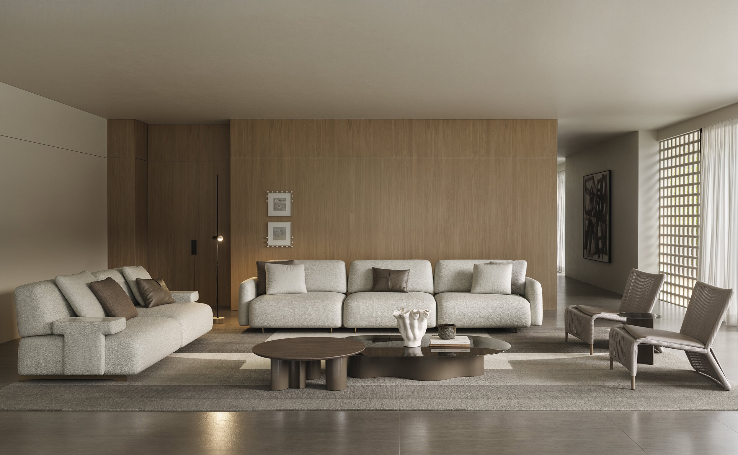 Sleek modern living room with minimalist white sofas, wooden accent wall, and contemporary coffee tables showcasing stylish, high-quality furniture.