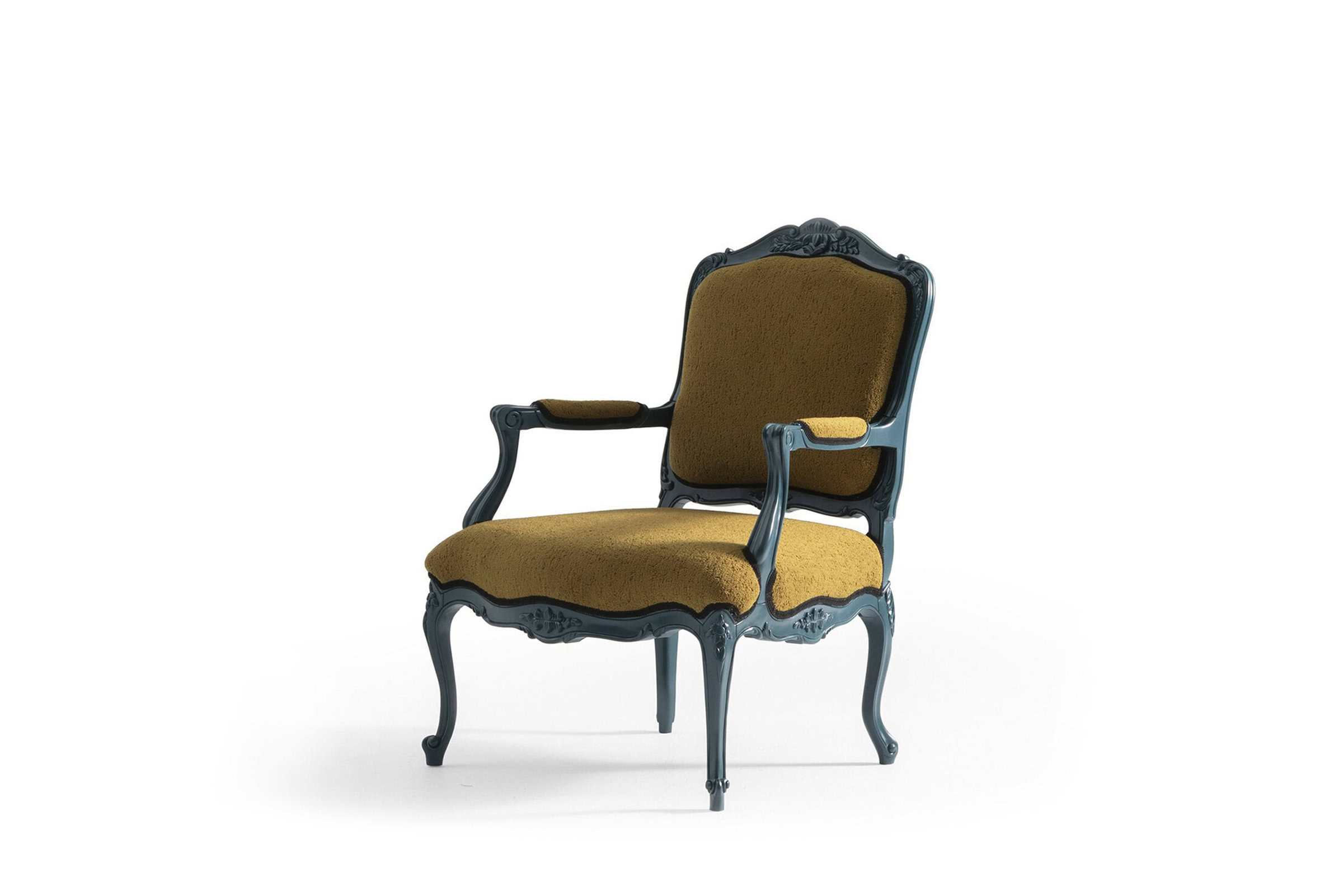 Classic vintage armchair with ornate wooden frame and mustard upholstery, ideal for elegant living rooms and traditional decor.