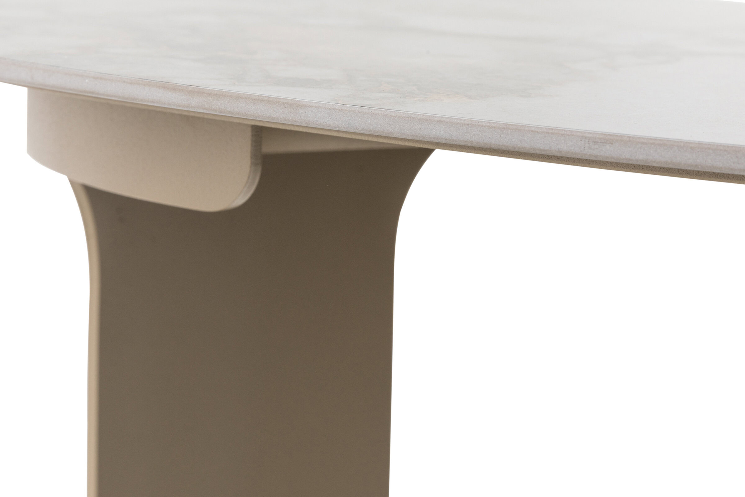 Sleek modern beige and marble dining table with curved base, perfect for contemporary interior design and high-quality furniture decor.