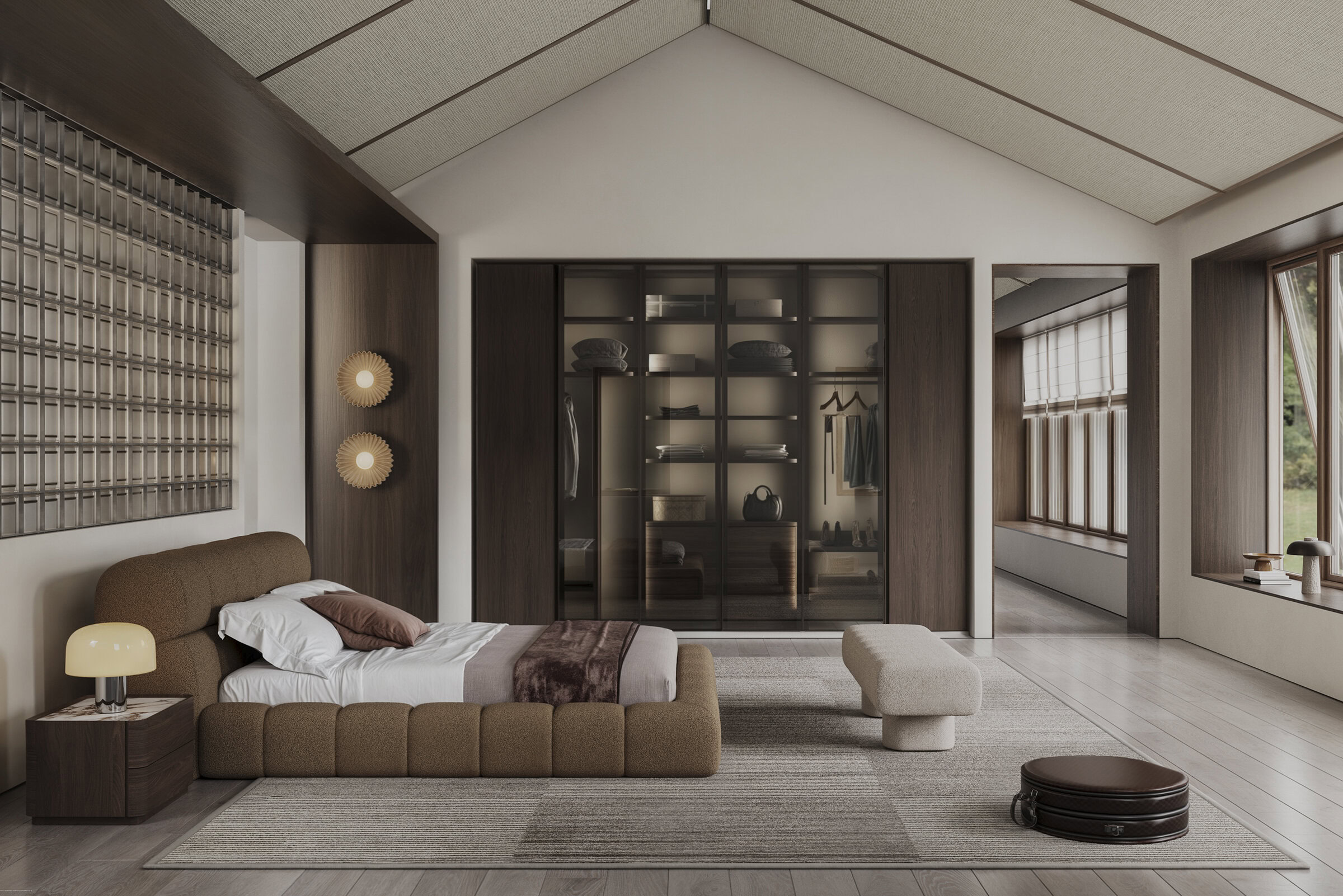 Modern bedroom with contemporary furniture, neutral tones, and stylish decor perfect for upscale residential interiors.