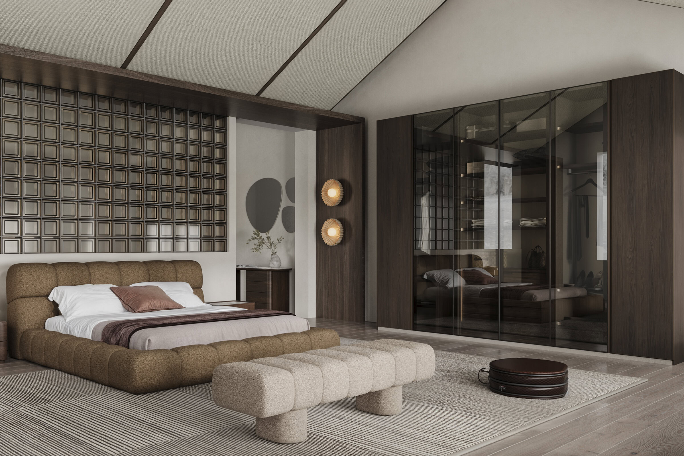 Luxurious modern bedroom with contemporary furniture, plush bed, and stylish storage cabinets; ideal for sophisticated interior design and home decor.