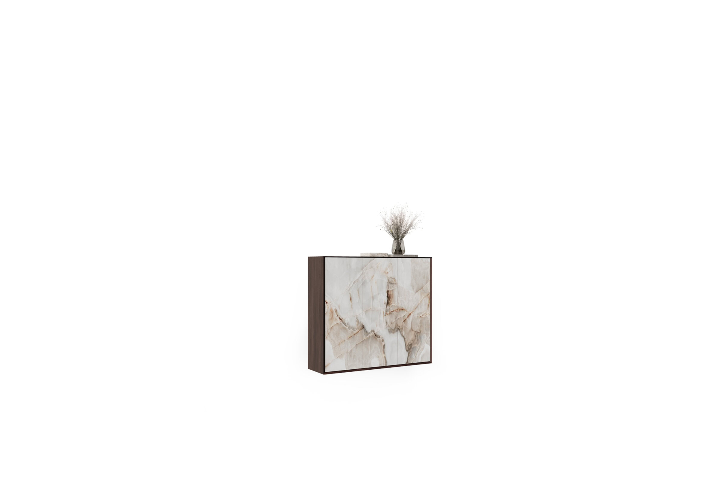 Elegant marble finish cabinet with wooden frame, perfect for modern home decor and storage solutions.