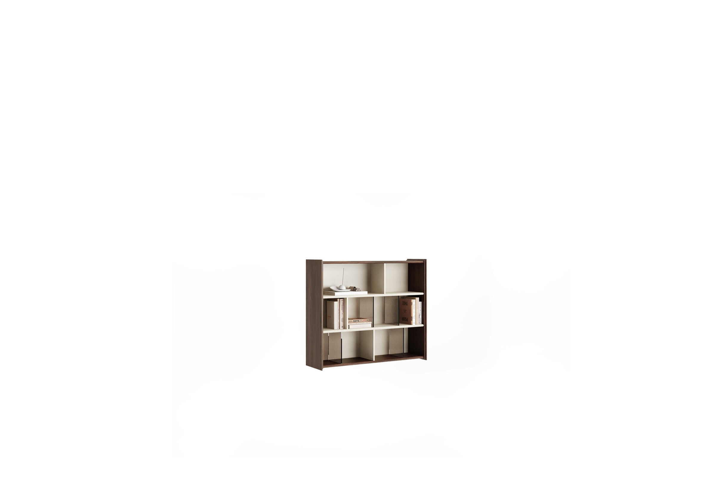 Wooden bookshelf with beige and brown compartments for modern home decor and storage solutions.