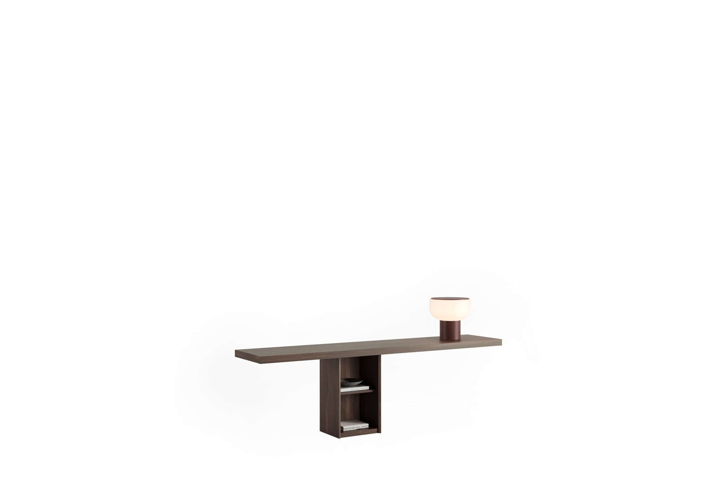 Contemporary wooden console table with open shelves and a decorative table lamp, ideal for modern living room or office decor.