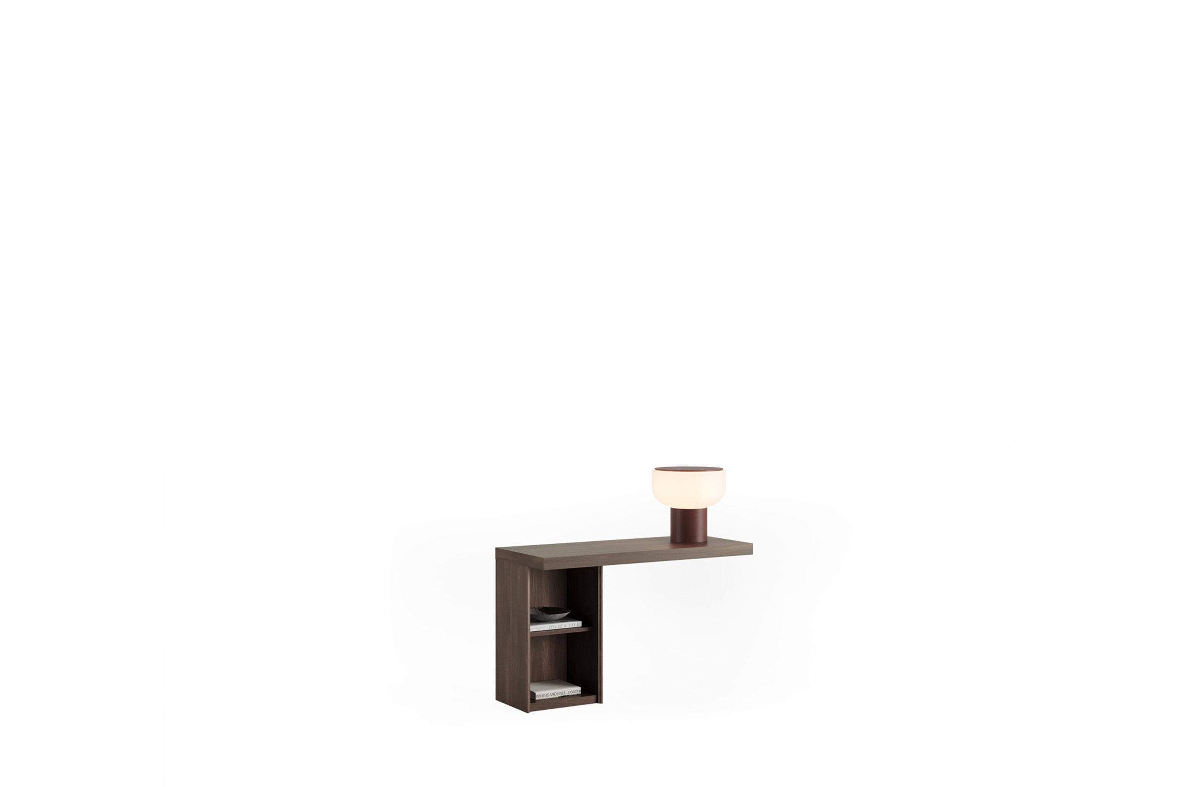 Sleek modern wooden console table with open shelving and a stylish table lamp, perfect for contemporary interior decor.