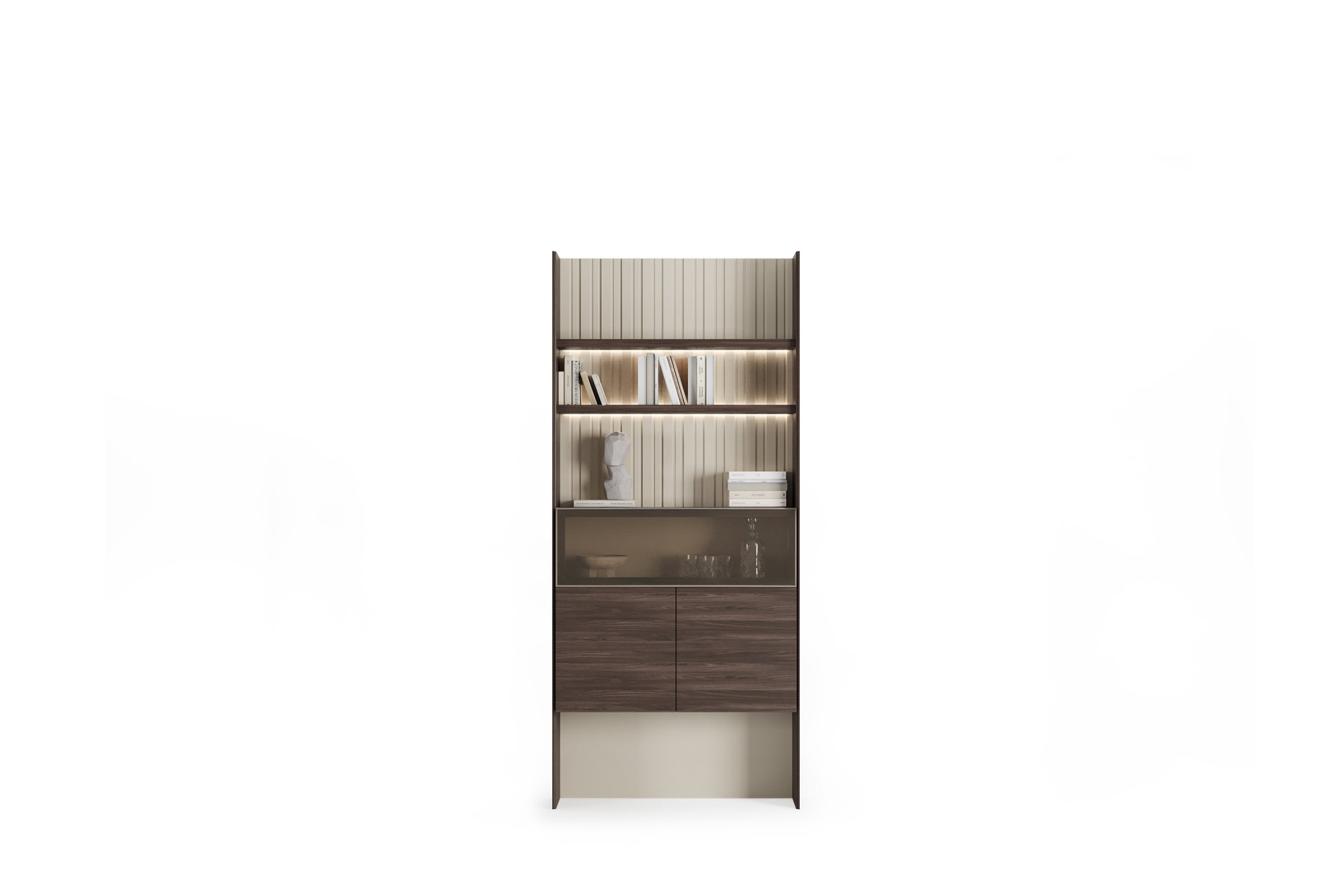 Sleek modern dark wood and beige dining cabinet with glass doors and ambient lighting, perfect for stylish storage and display in contemporary homes.