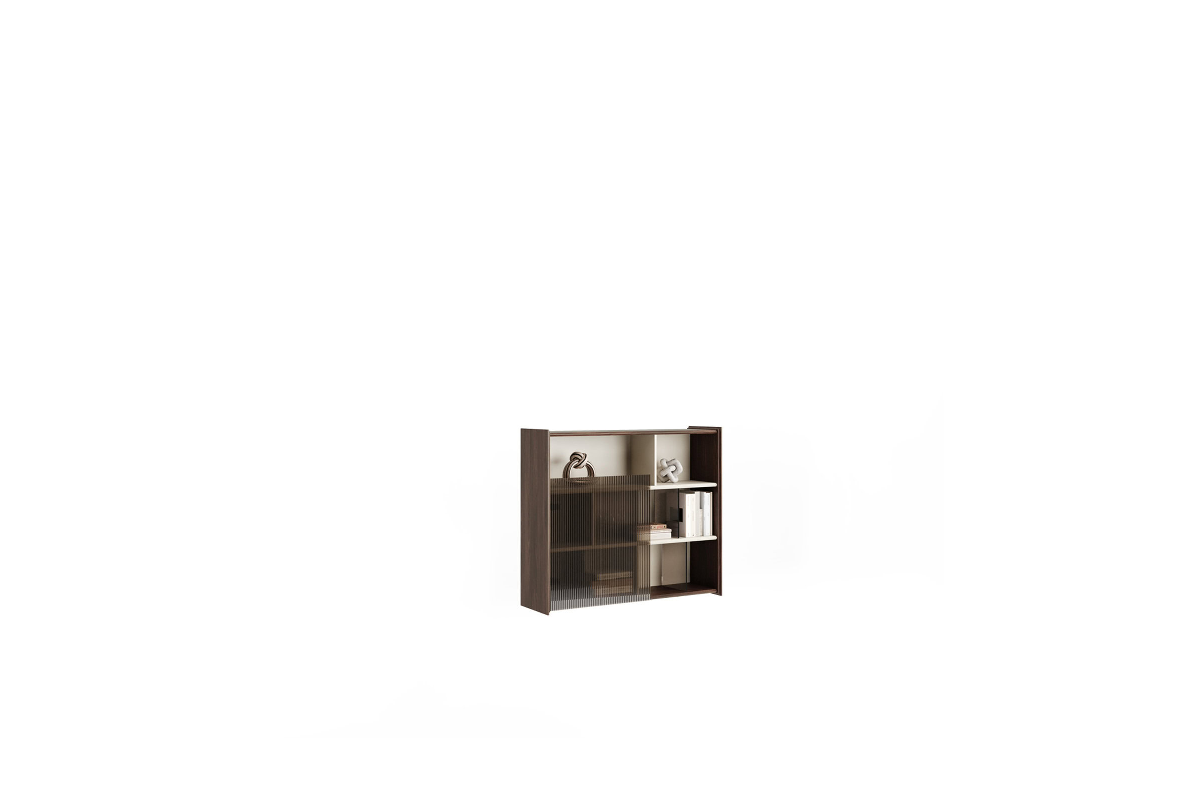 Contemporary wooden bookshelf with a mix of open and sliding door compartments, ideal for modern living room or office storage solutions.