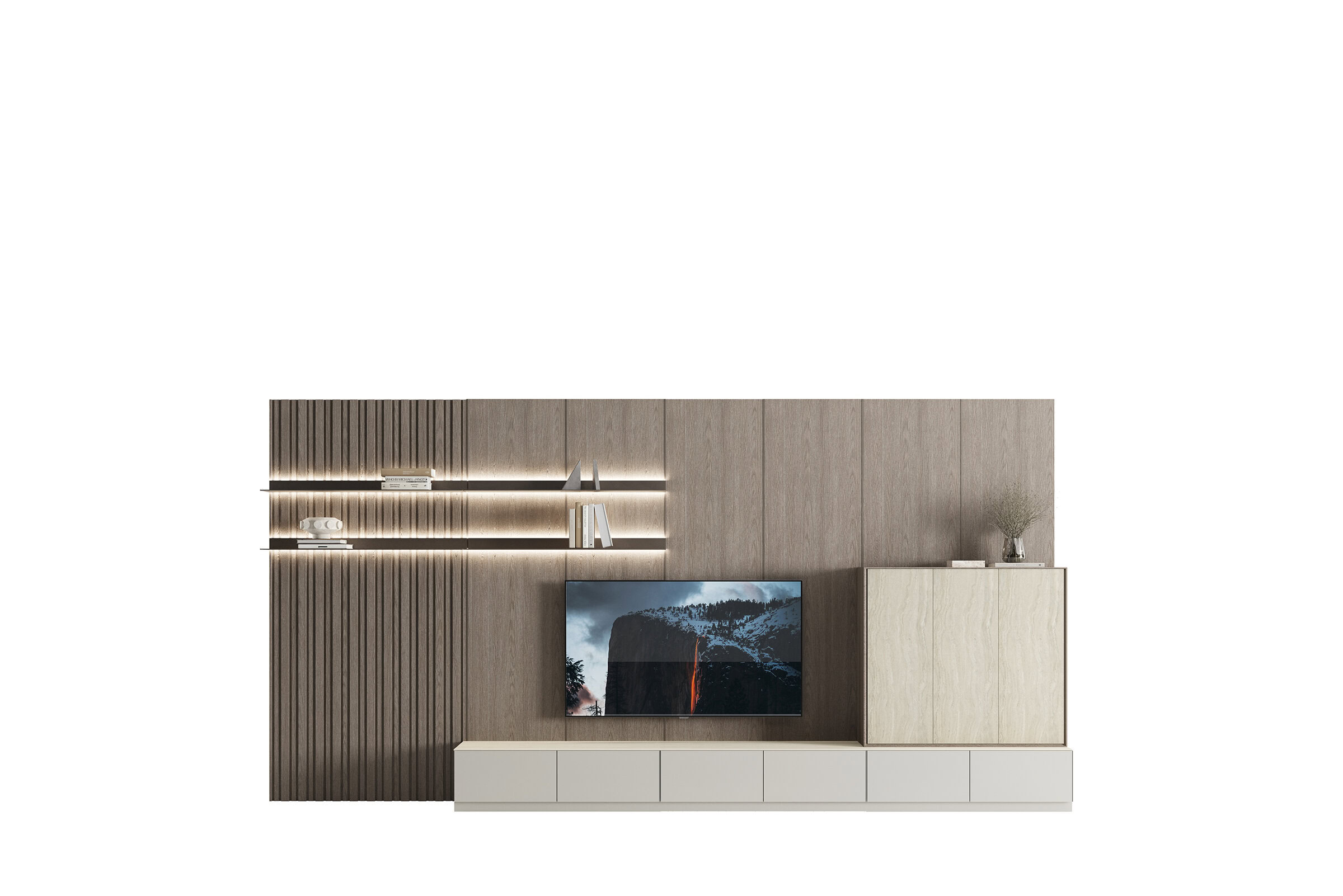 Contemporary wooden entertainment wall unit with integrated shelves, LED lighting, and a sleek design perfect for modern living rooms.