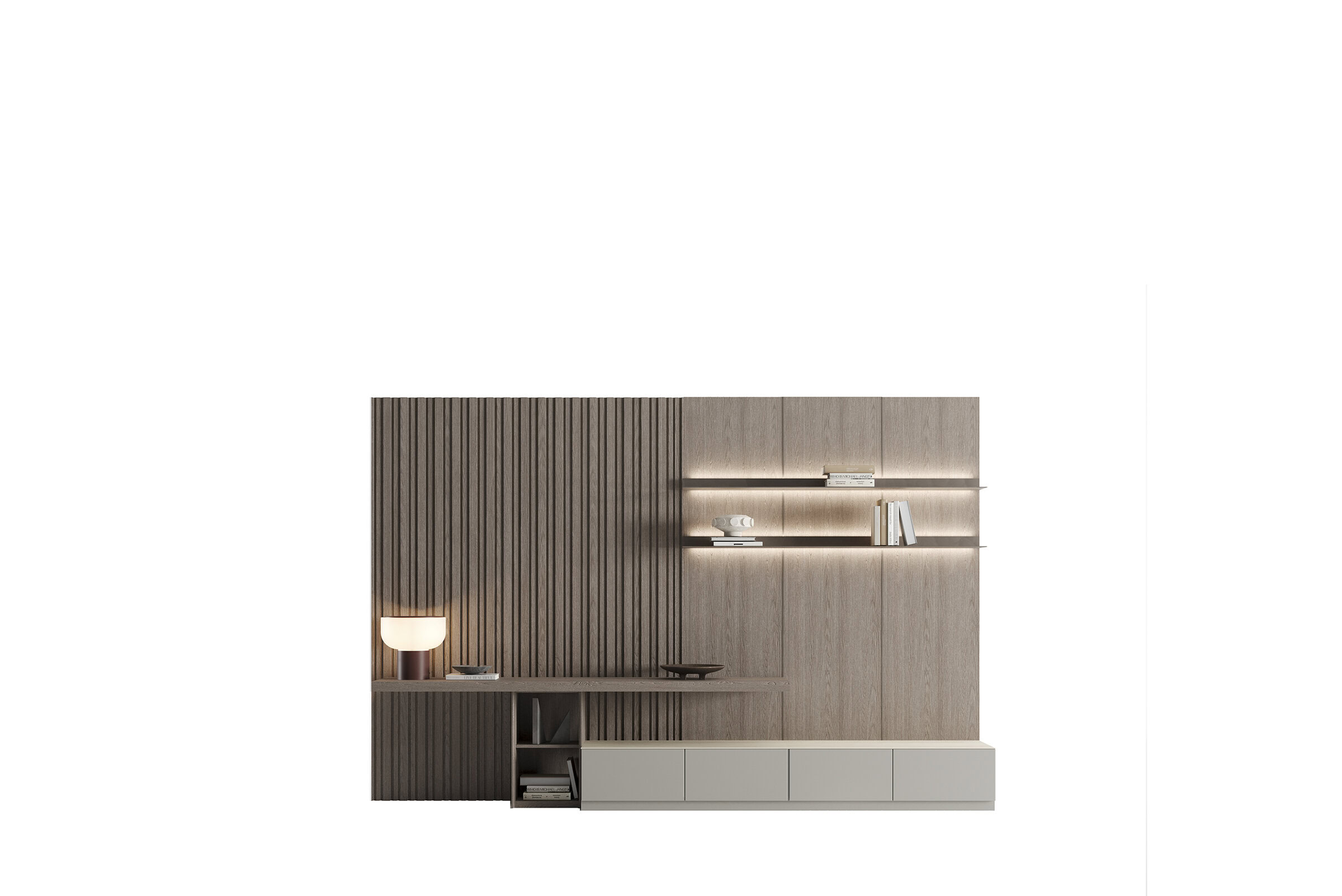Sleek modern wooden wall unit with illuminated shelves, storage cabinets, and decorative accessories, ideal for contemporary living room or office interior design.