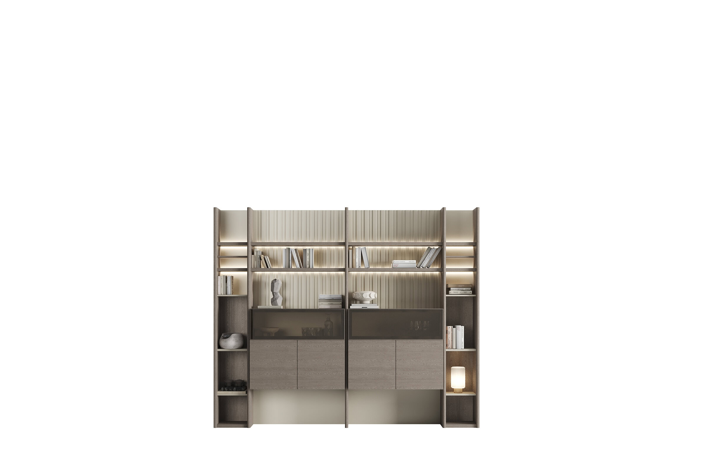 Modern wooden bookshelf with integrated lighting, multiple shelves, and glass-front cabinets for stylish storage and display.