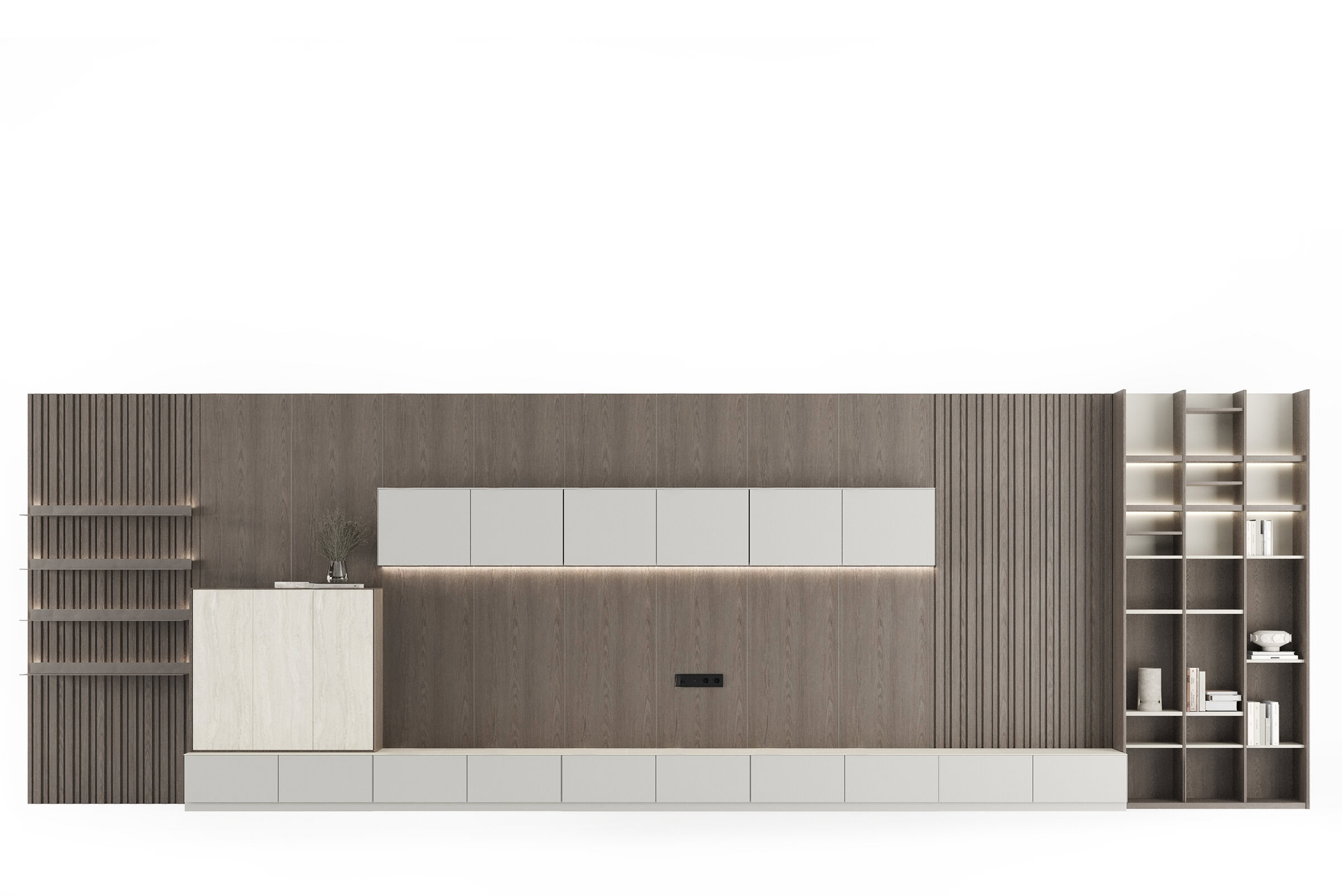 Modern wooden wall unit with integrated shelves, cabinets, and lighting, designed for stylish living room storage and decor solutions. Perfect for contemporary interior spaces.