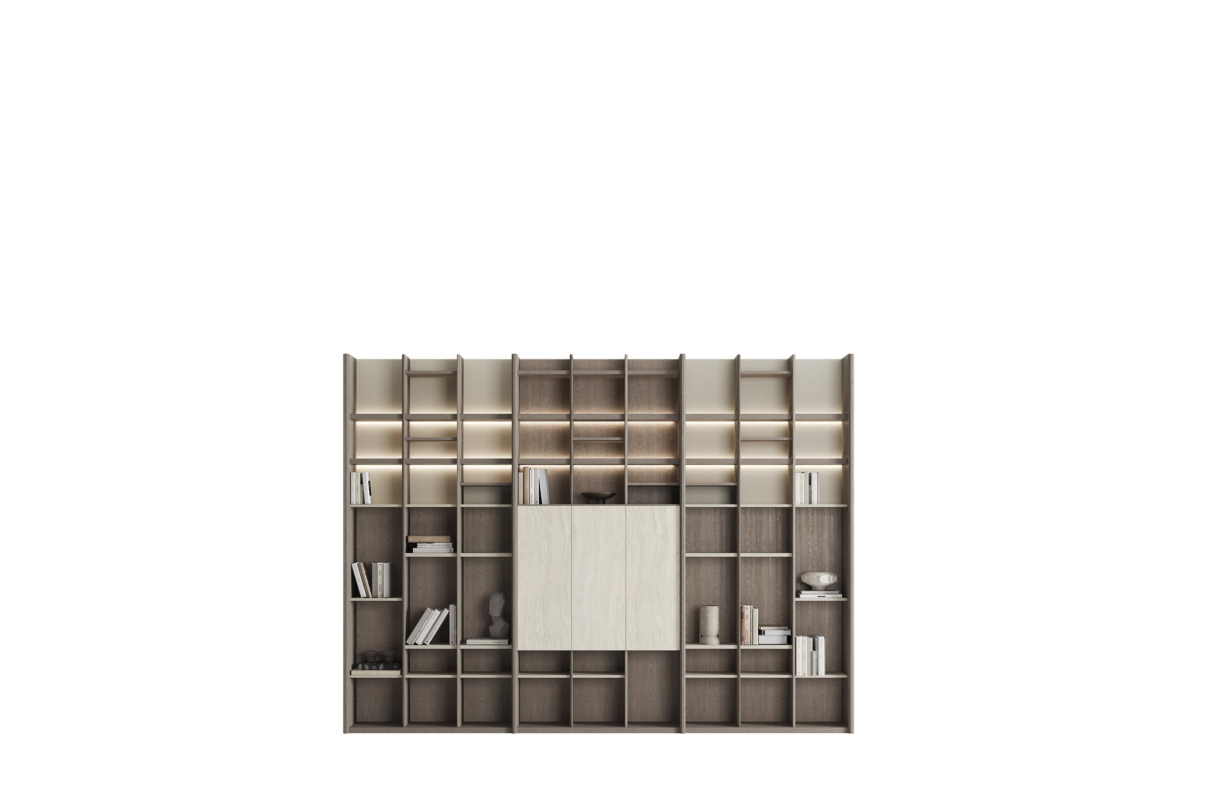 Sleek modern wooden bookshelf with integrated lighting and storage compartments for stylish home organization.