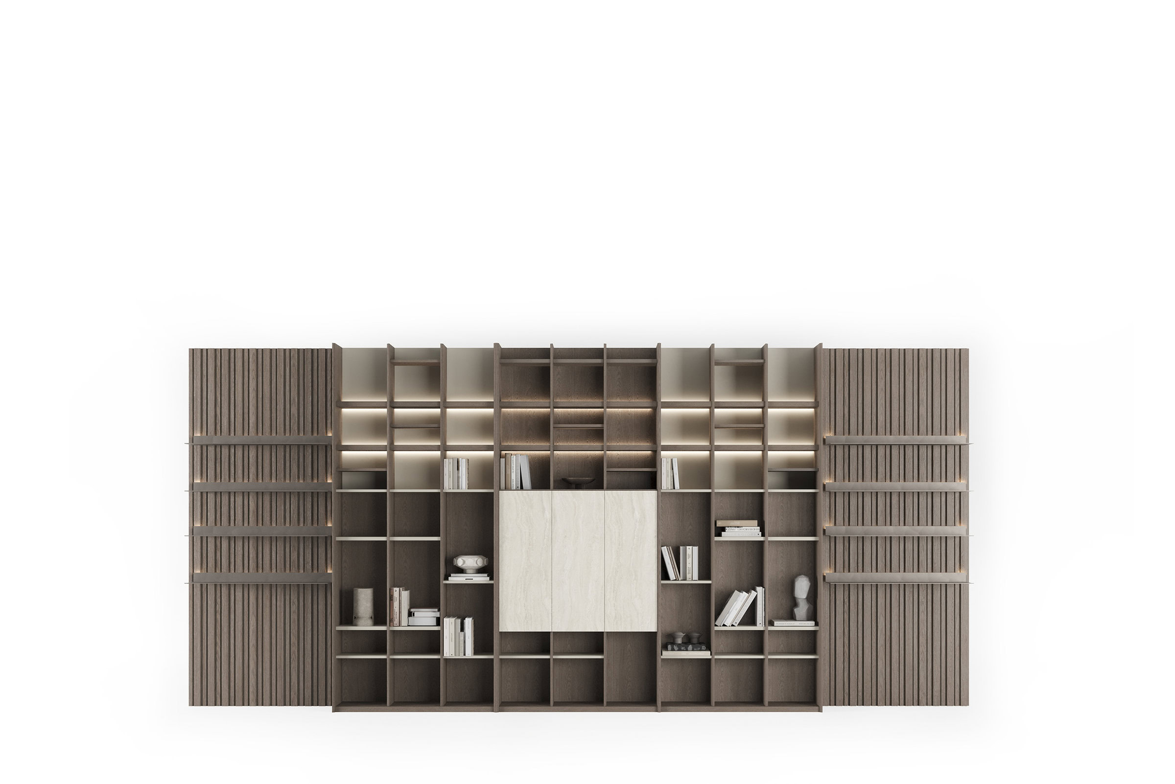 Sleek modern wooden bookshelf with adjustable shelves, central closed cabinets, and backlit accents, designed for stylish home or office storage.