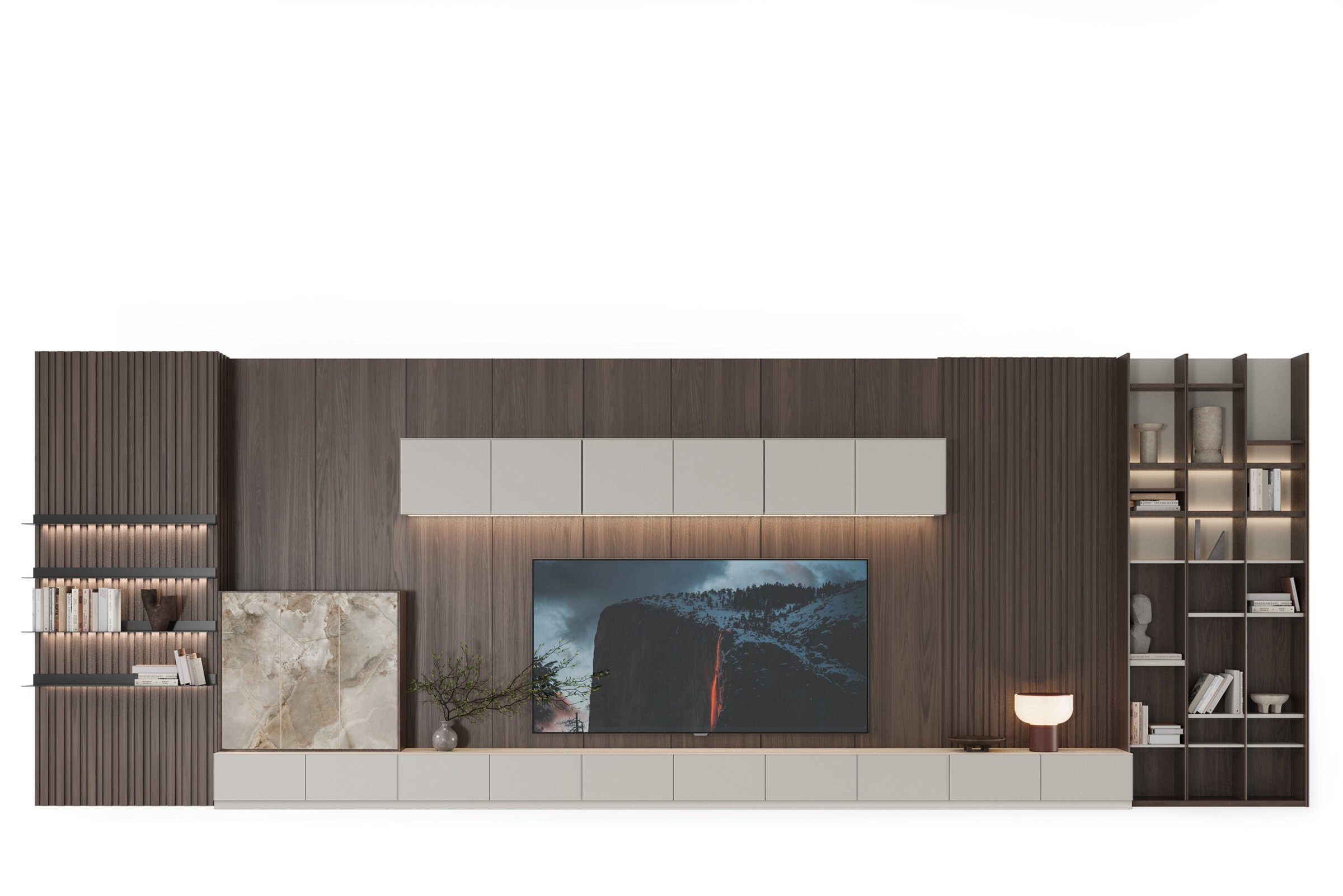 Sleek modern entertainment wall unit with built-in shelves, rich wood finishes, and integrated lighting for stylish home decor and TV setup.