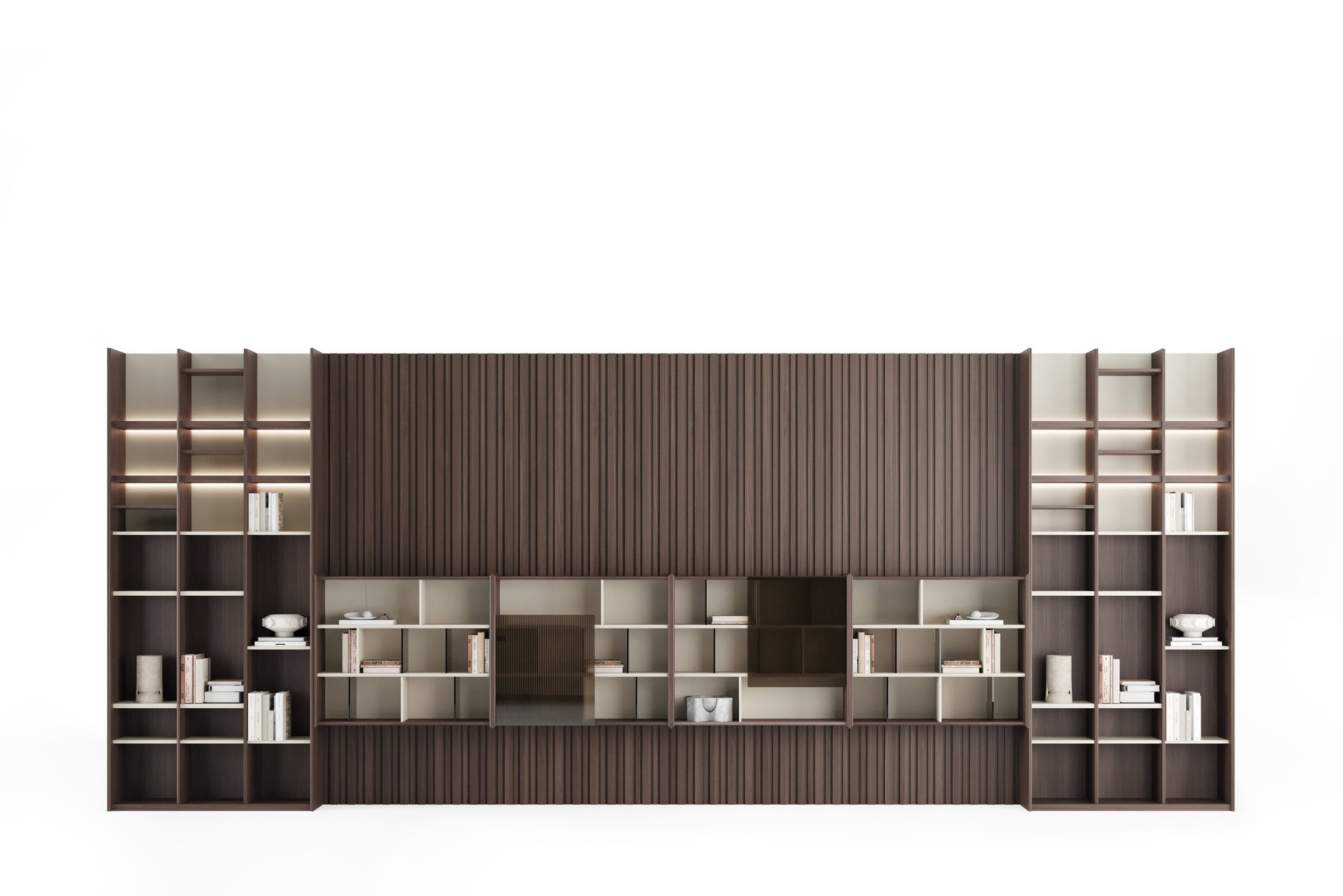 Sleek modern wooden bookshelf and storage unit with open shelves and compartments, ideal for contemporary home or office organization, emphasizing stylish and functional furniture design.