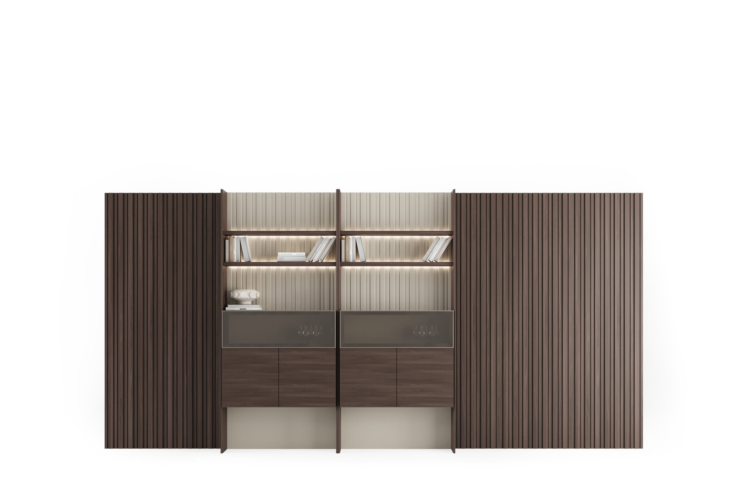 Sleek modern wooden wall unit with open shelves, glass-front cabinets, and backlighting, perfect for contemporary living room or office storage solutions.
