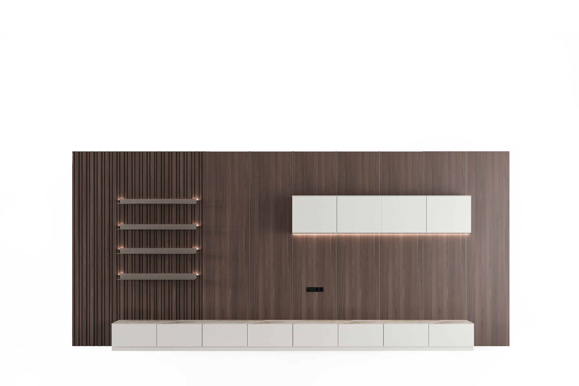 Sleek modern wooden wall unit with white cabinets and integrated lighting, perfect for stylish living room storage and decor.