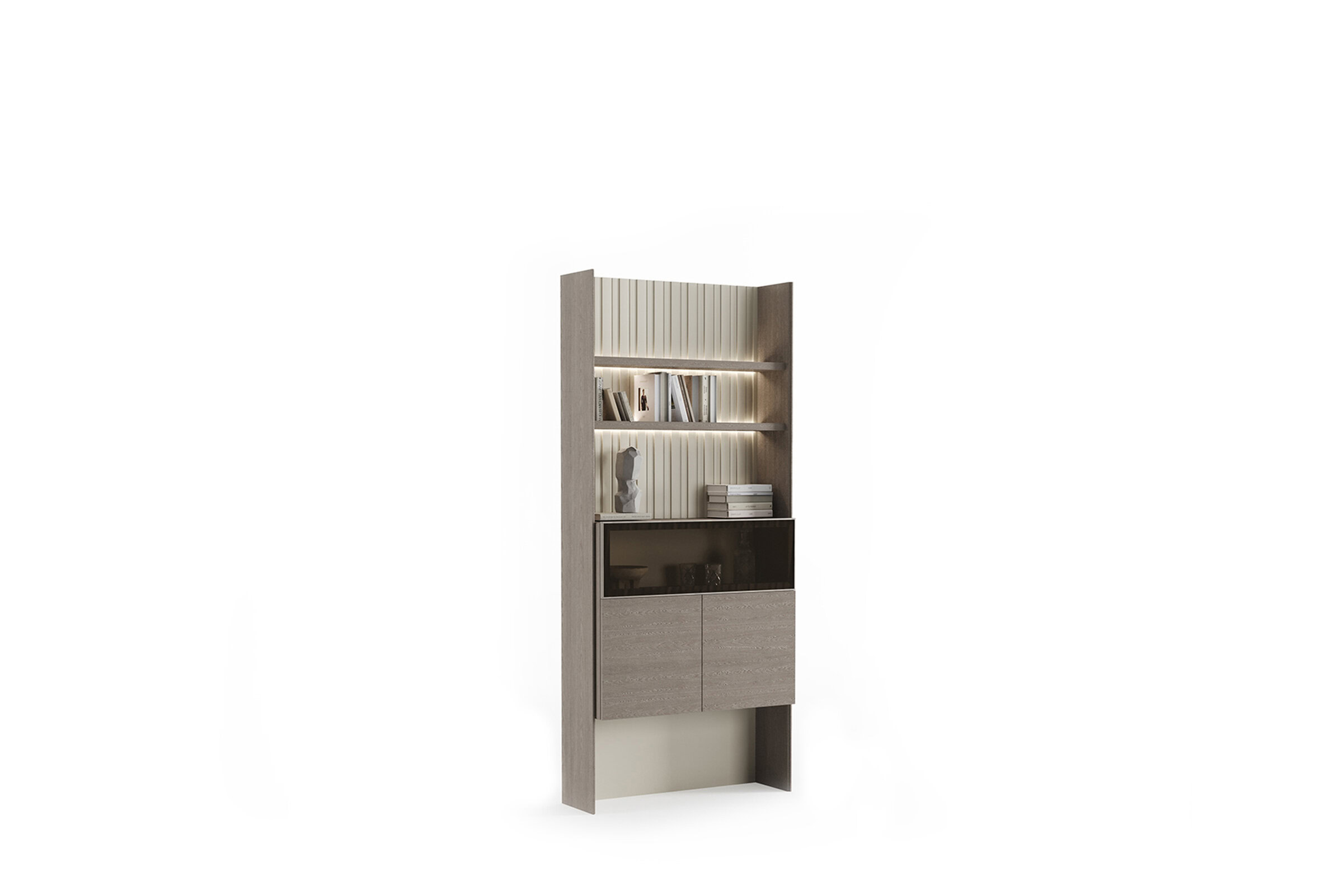 Modern wooden bookshelf with multiple shelves, glass-front cabinet, and contemporary design for stylish home or office storage solutions.