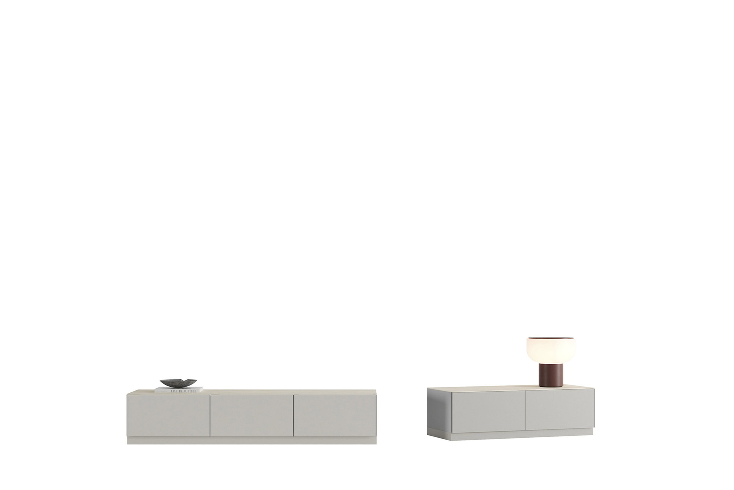 Sleek modern white and beige entertainment consoles with clean lines, perfect for contemporary living room decor from Saloni Furniture.