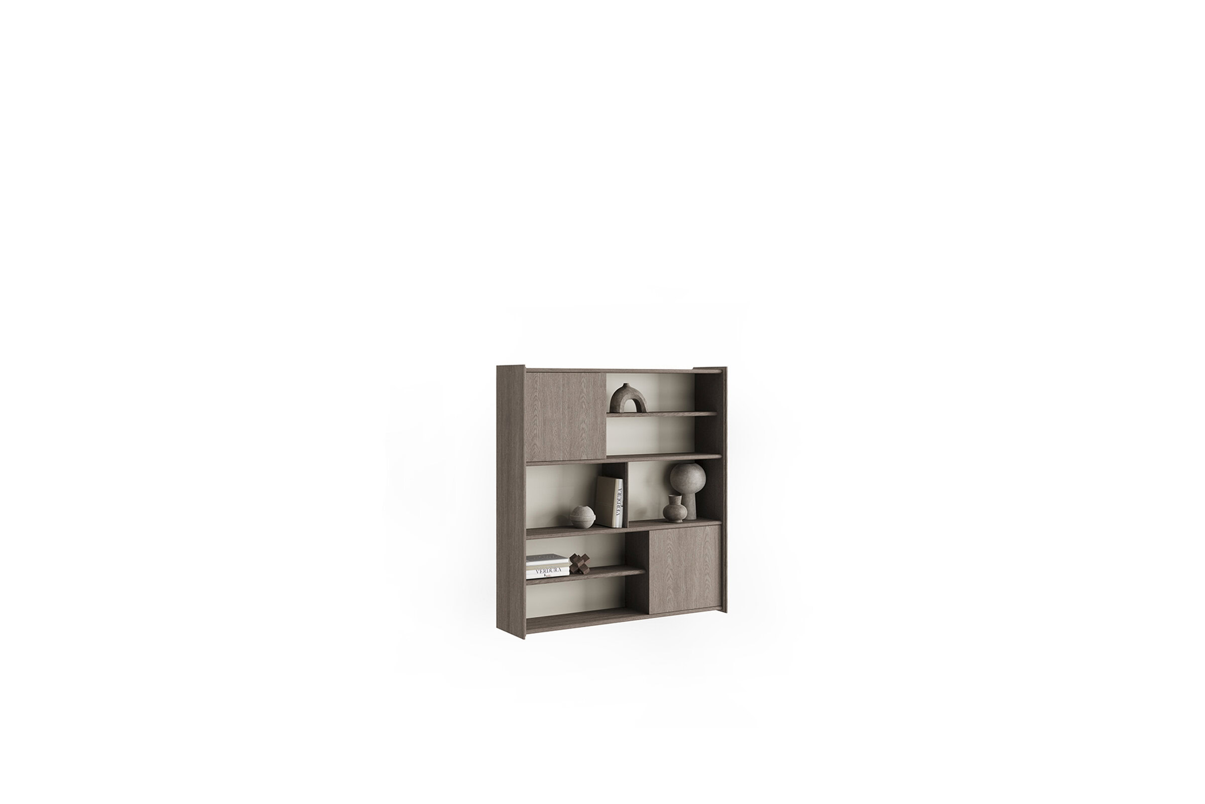 Sleek modern wooden bookshelf with open shelves and closed compartments, ideal for stylish home storage and decor.
