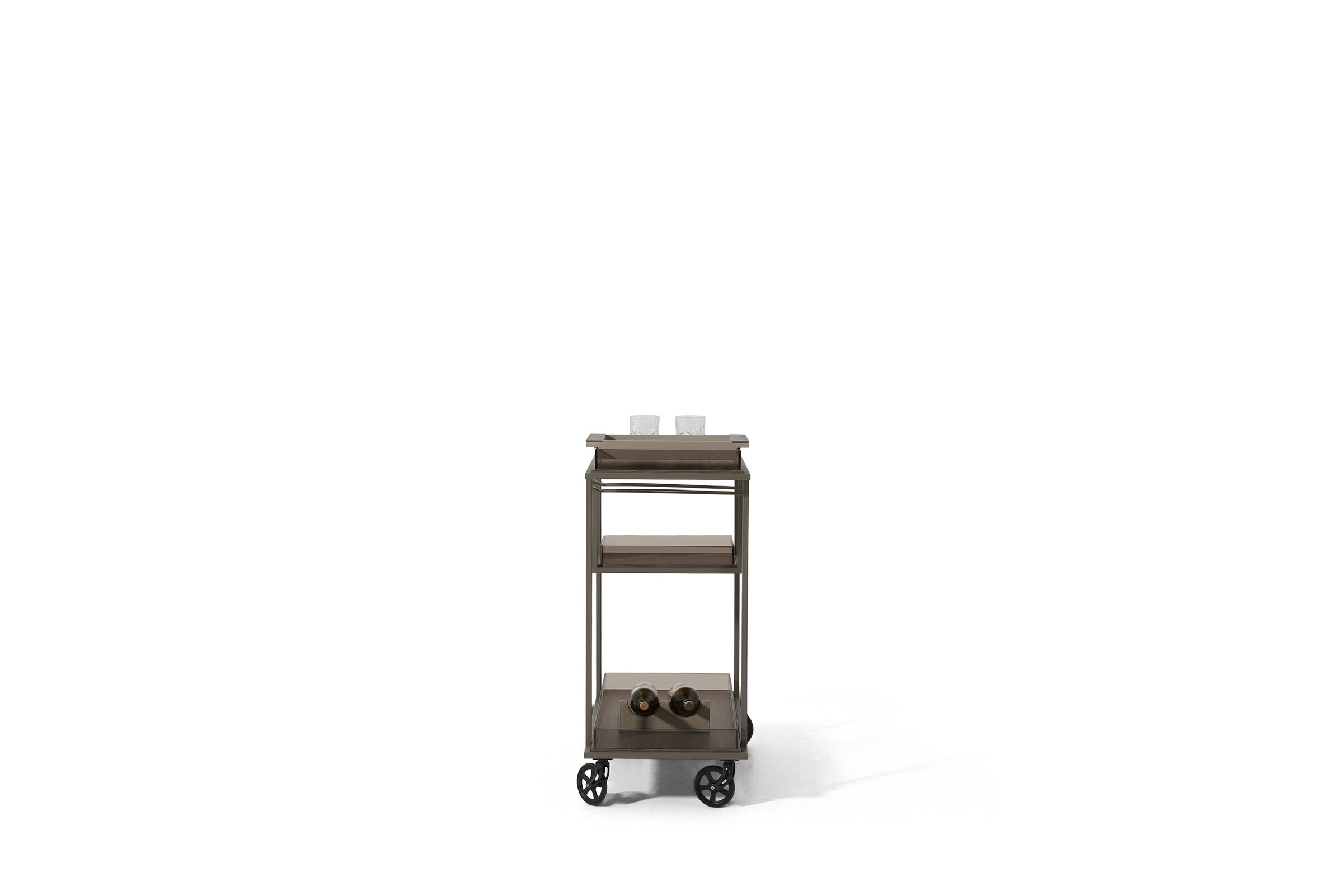 Stylish wooden serving trolley on wheels with two glass cups and two wine bottles, perfect for modern home decor and entertaining.