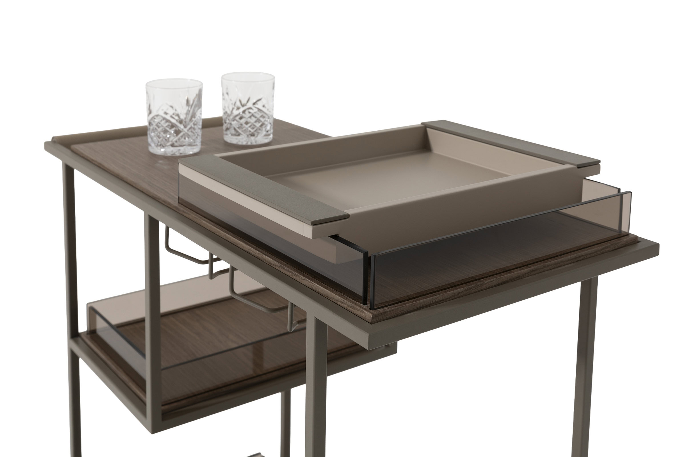 Sleek modern serving trolley with wooden finish, glass panels, and adjustable tray for versatile use, perfect for home or restaurant dining decor.