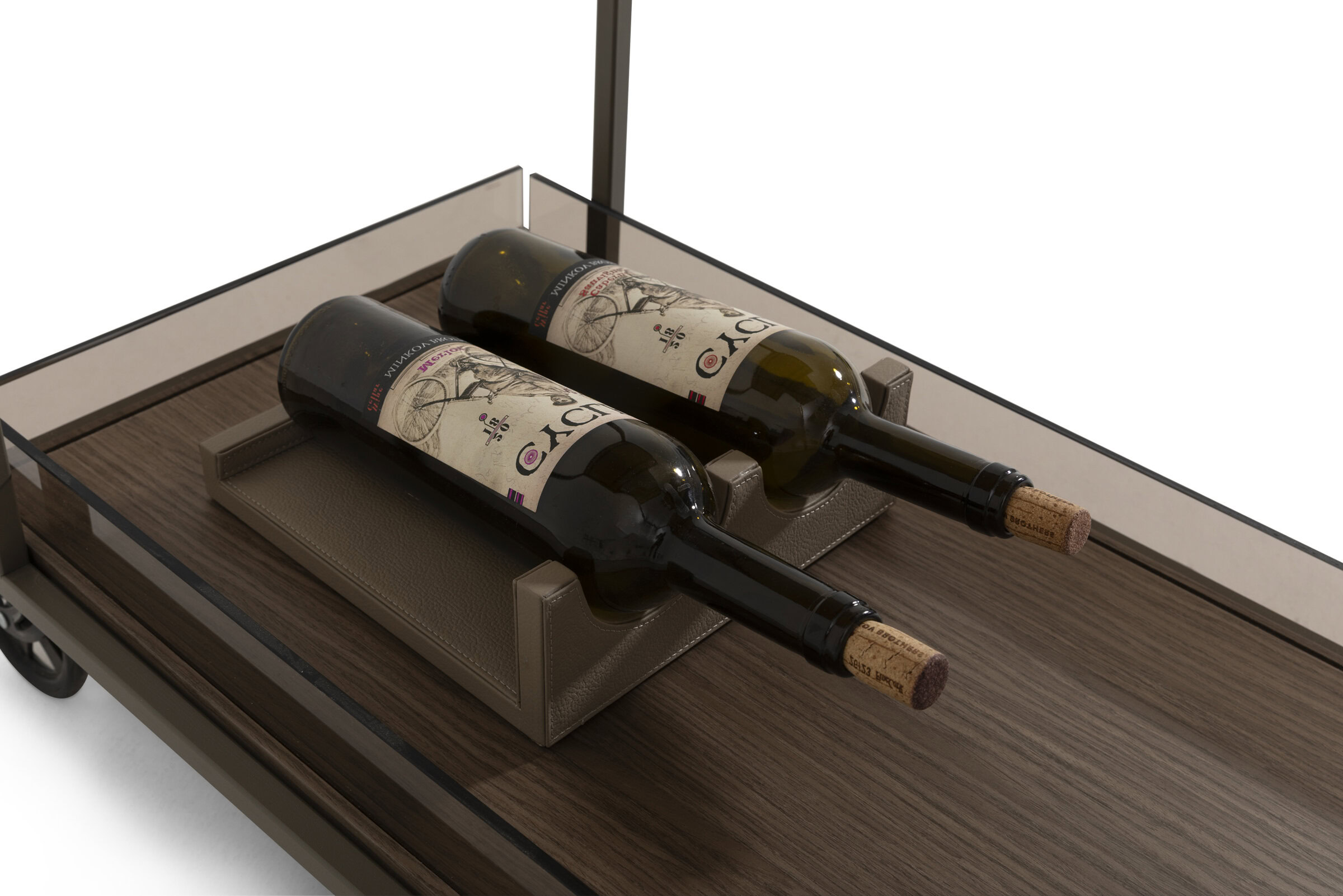Sleek wine bottle holder on wooden coffee table, stylish and functional home decor accessory for wine lovers. Perfect for modern living room or bar area.