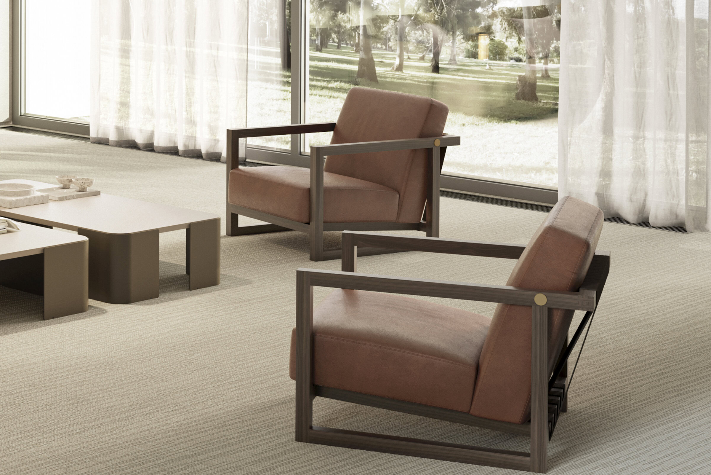 Elegant modern lounge chairs with plush cushions and wooden frames, perfect for stylish living rooms and office spaces. Enhance comfort and design with Saloni Furniture.