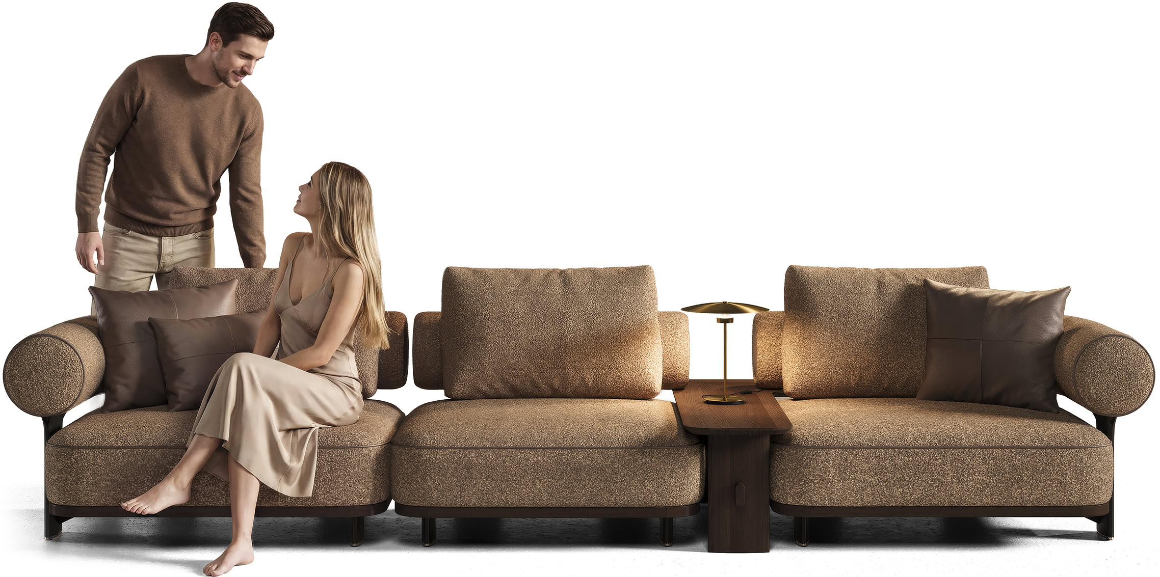 A stylish and comfortable sectional sofa set featuring plush cushions and a sleek wooden side table, perfect for contemporary home decor and enhancing living room ambiance.