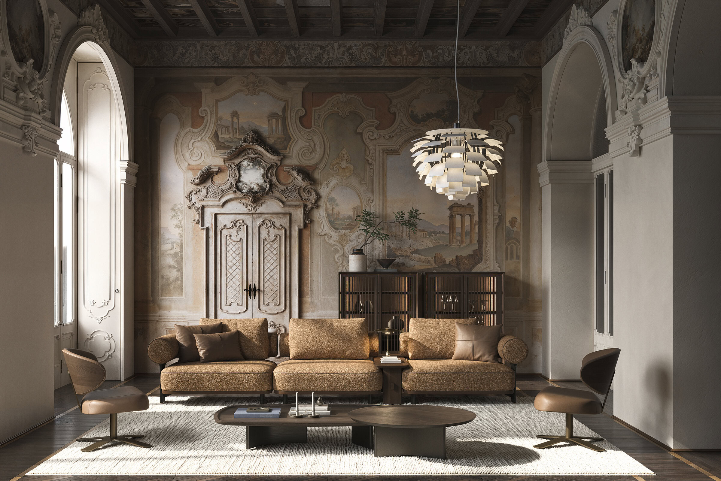 Luxurious living room with elegant sofa set, ornate wall murals, and classic decor, showcasing high-quality furniture from Saloni Furniture.