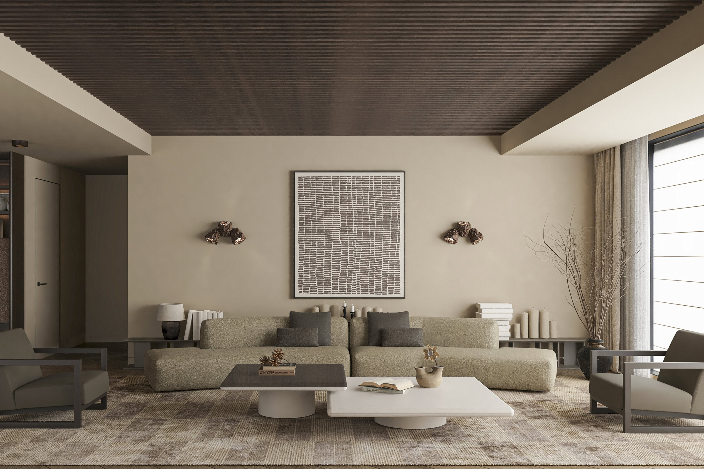 Elegant living room featuring a contemporary sofa set, coffee table, and decorative elements for a sophisticated home interior.