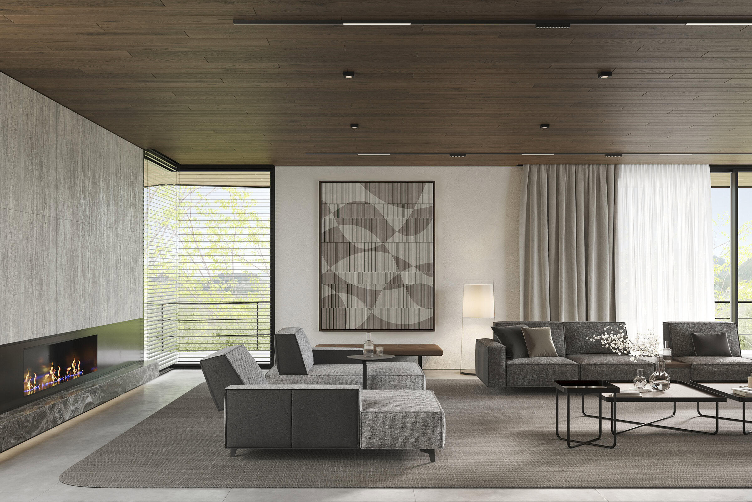 Elegant modern living room featuring stylish gray sofas, a sleek fireplace, and contemporary decor, perfect for upscale home interiors.