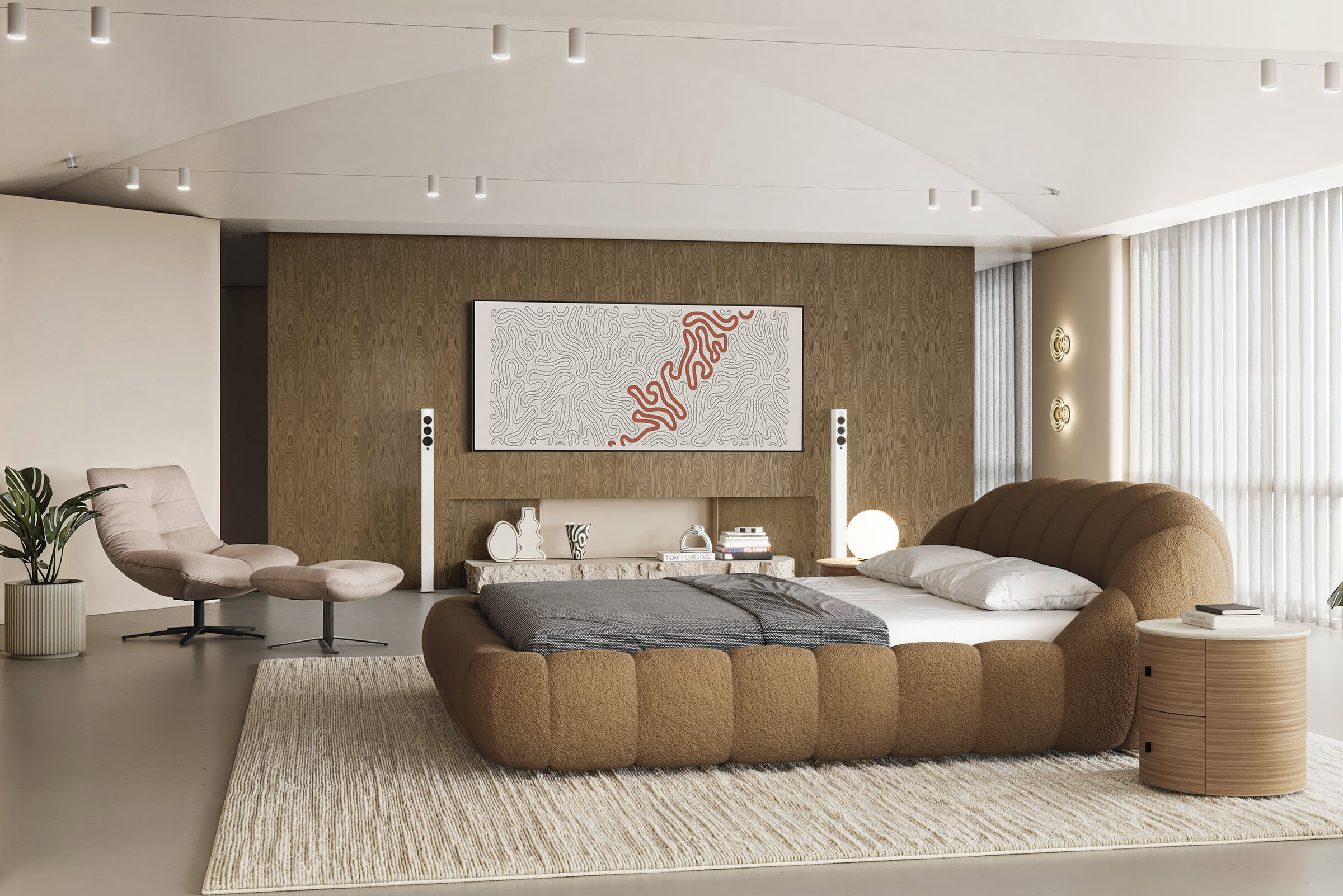 Elegant modern bedroom featuring a brown upholstered bed, matching nightstands, and contemporary decor, perfect for stylish and comfortable living spaces.