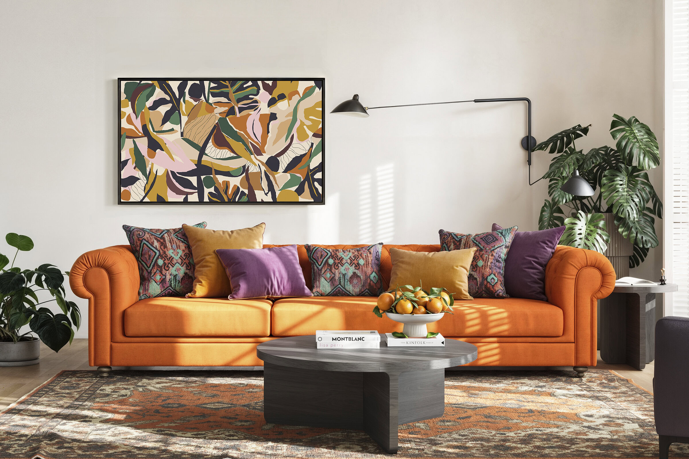 A stylish orange sofa adorned with vibrant cushions in purple, yellow, and patterned designs, set in a contemporary living room with lush green plants, a black coffee table, and abstract wall art.